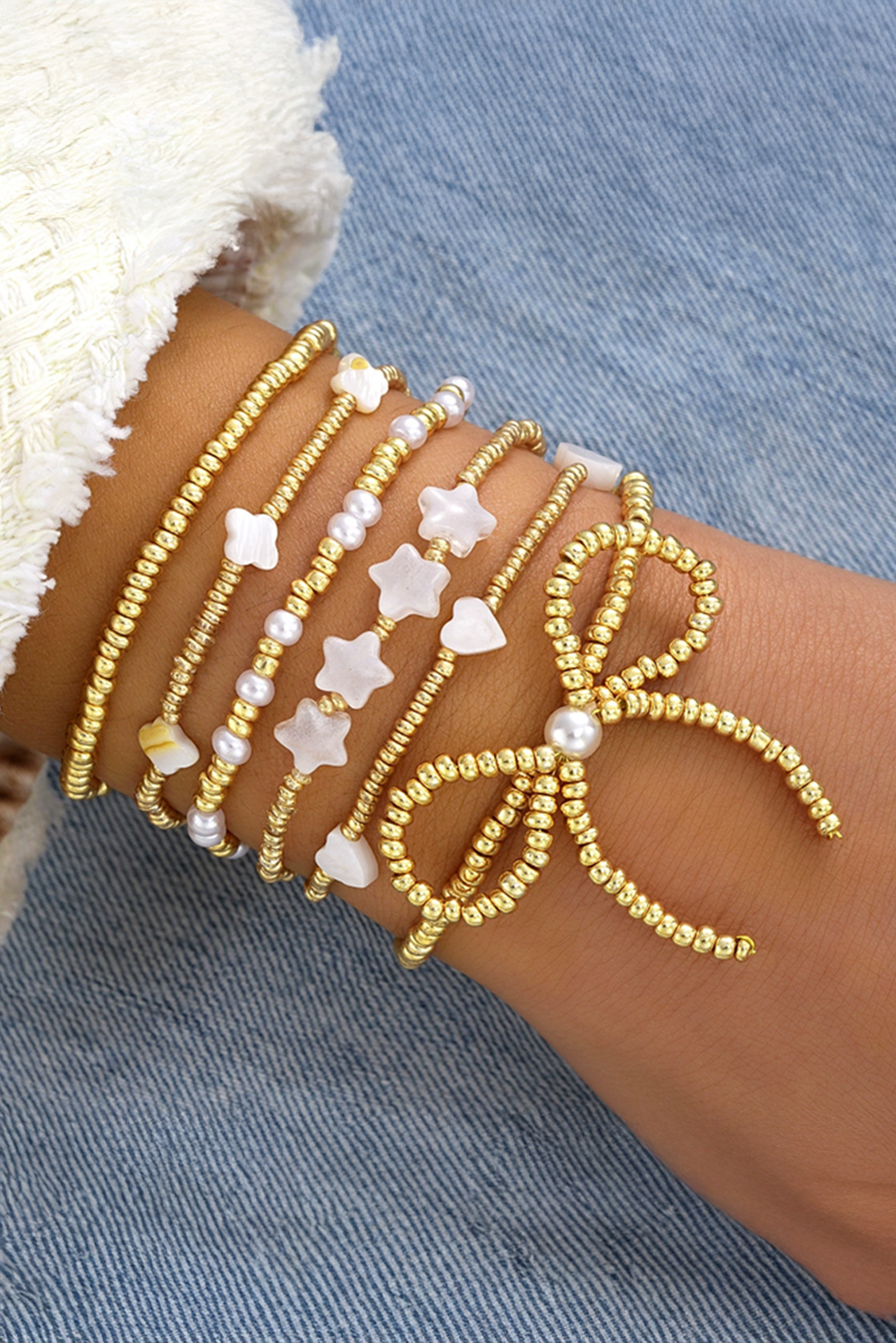 Gold Bow Knot Star Heart Beaded Multi Layer Bracelet - loveforevers