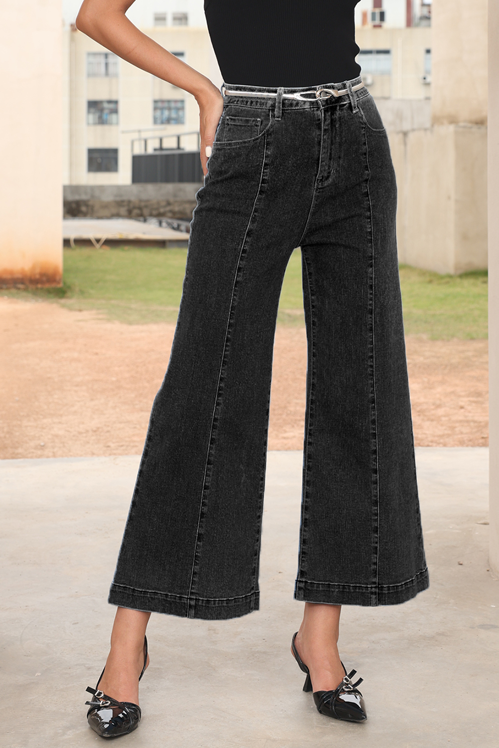 Black Plain Seam Detail Flared Bottom Ankle Length Jeans - loveforevers