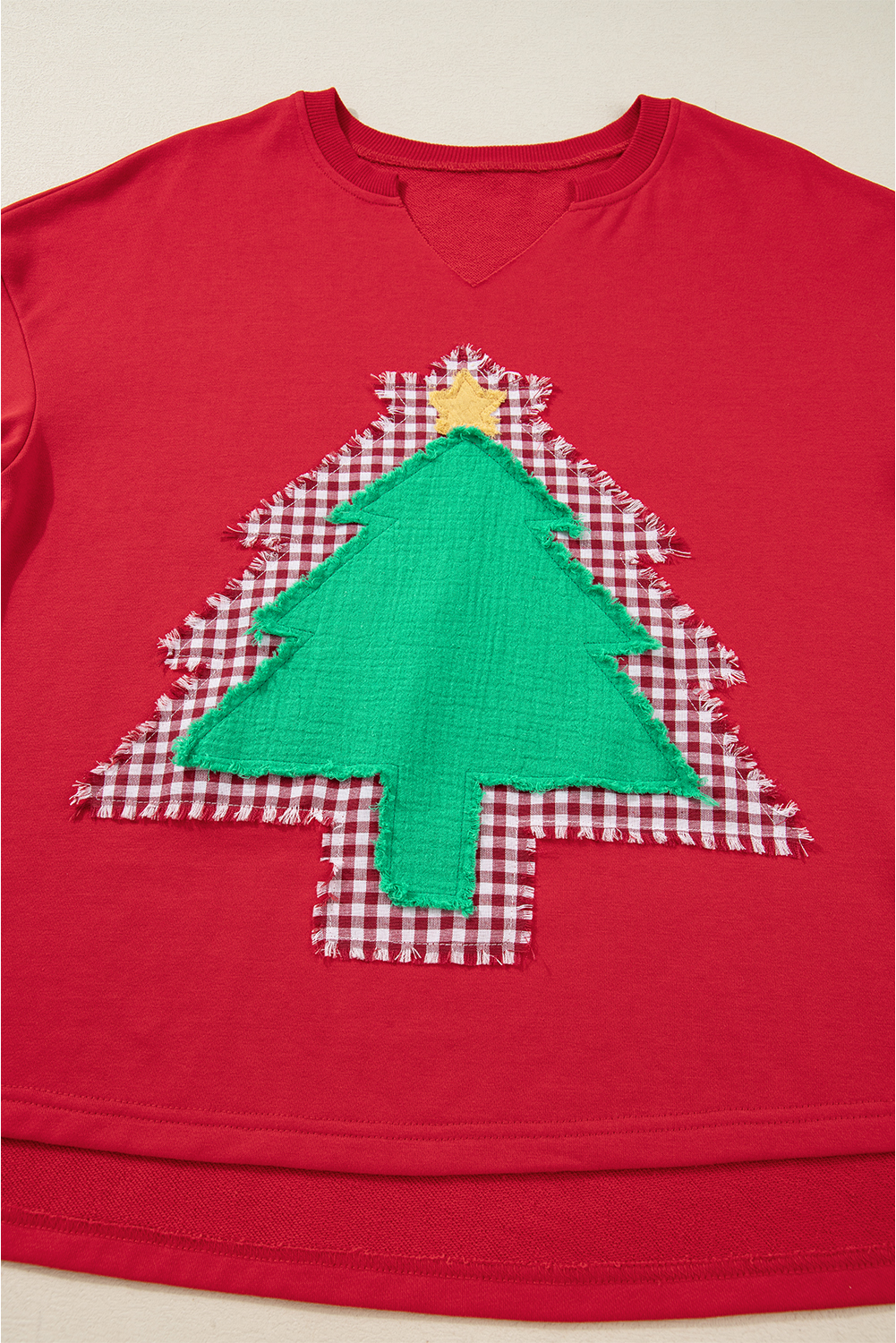Fiery Red Plaid Frayed Double Christmas Tree Patched Drop Shoulder Sweatshirt - loveforevers