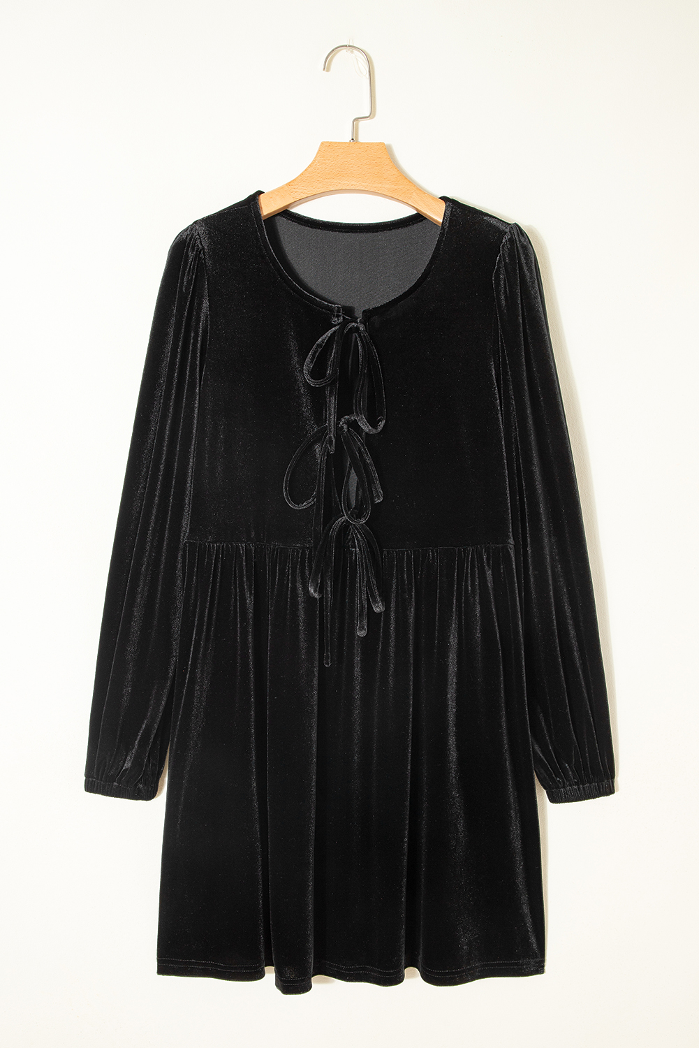 Black Front Tie Velvet Bubble Sleeve Mini Dress - loveforevers