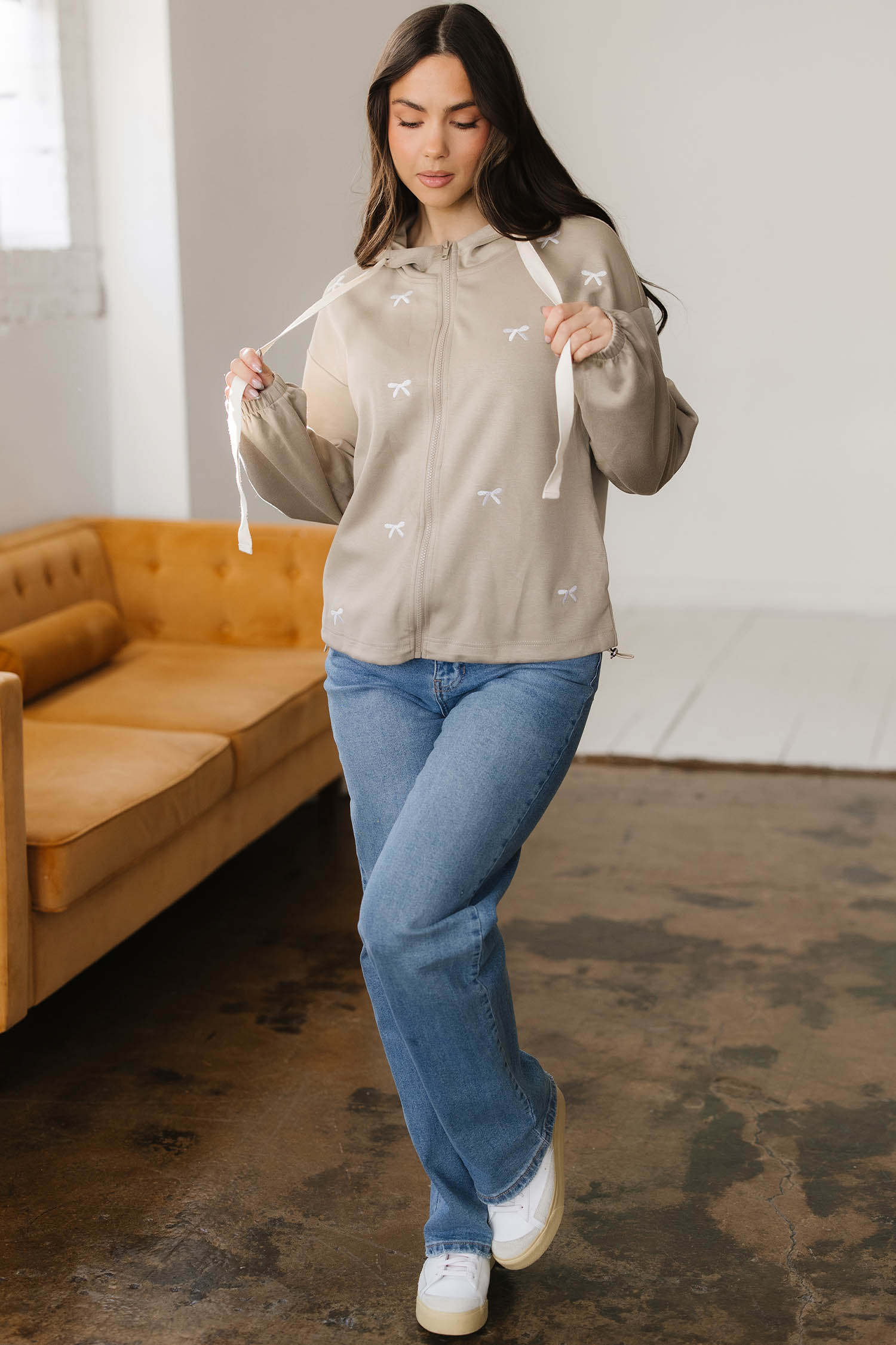 Goat Contrast Bow Embroidered Zip Up Jacket Hoodie - loveforevers