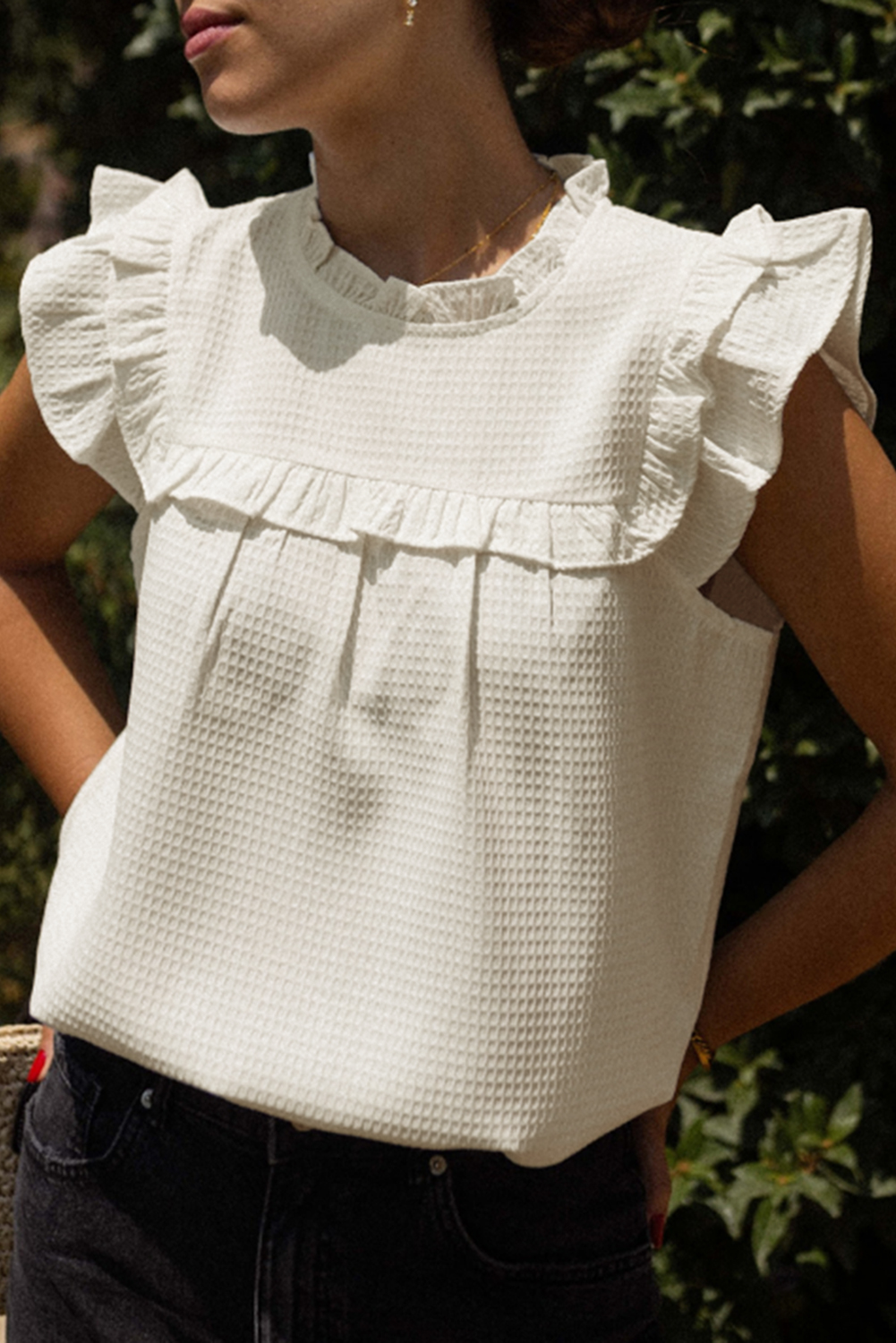 White Solid Color Ruffle Trim Waffle Knit Blouse - loveforevers