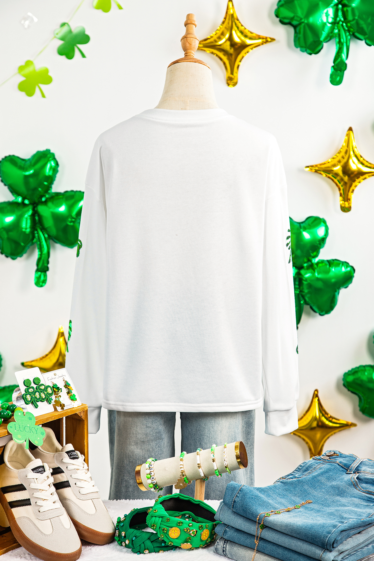 White LUCKY Clover Embroidered Long Sleeve Top - loveforevers