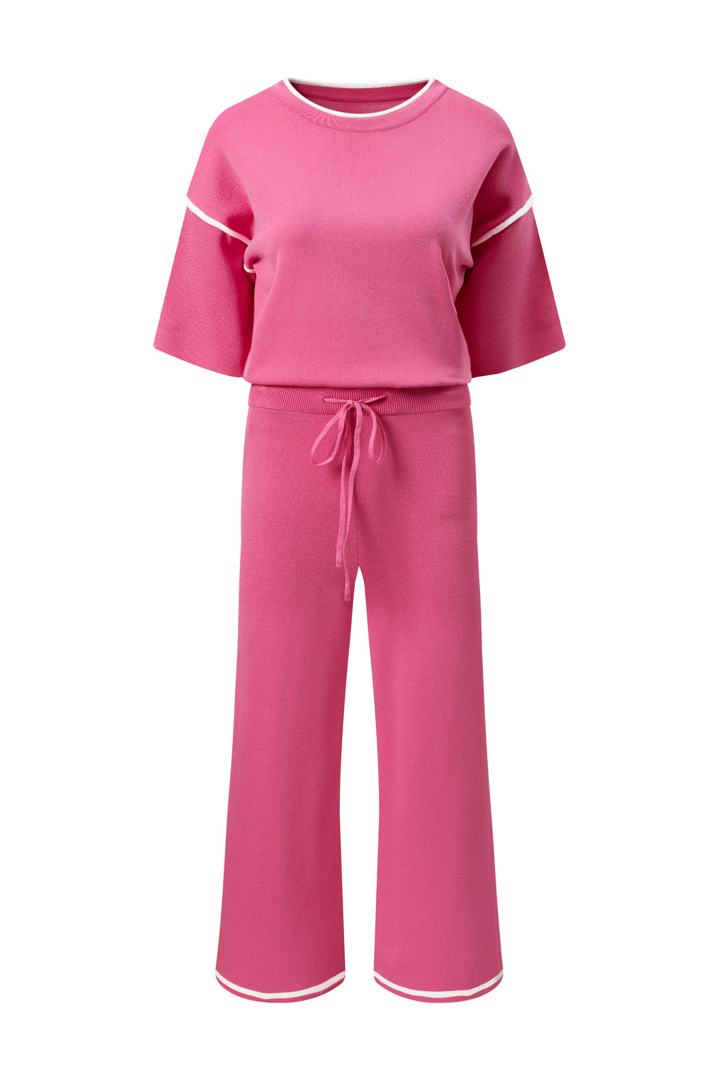 Blackish Green Contrast Trim Half Sleeve Top Drawstring Pants Loose 2pcs Sweater Suit - loveforevers