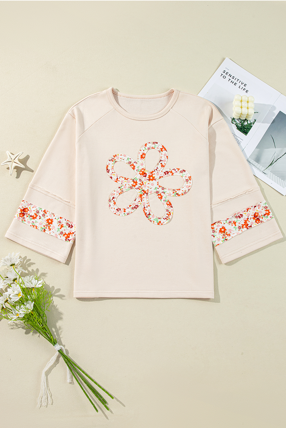 Beige Flower Patch Graphic Exposed Seam Wide Sleeve Top - loveforevers
