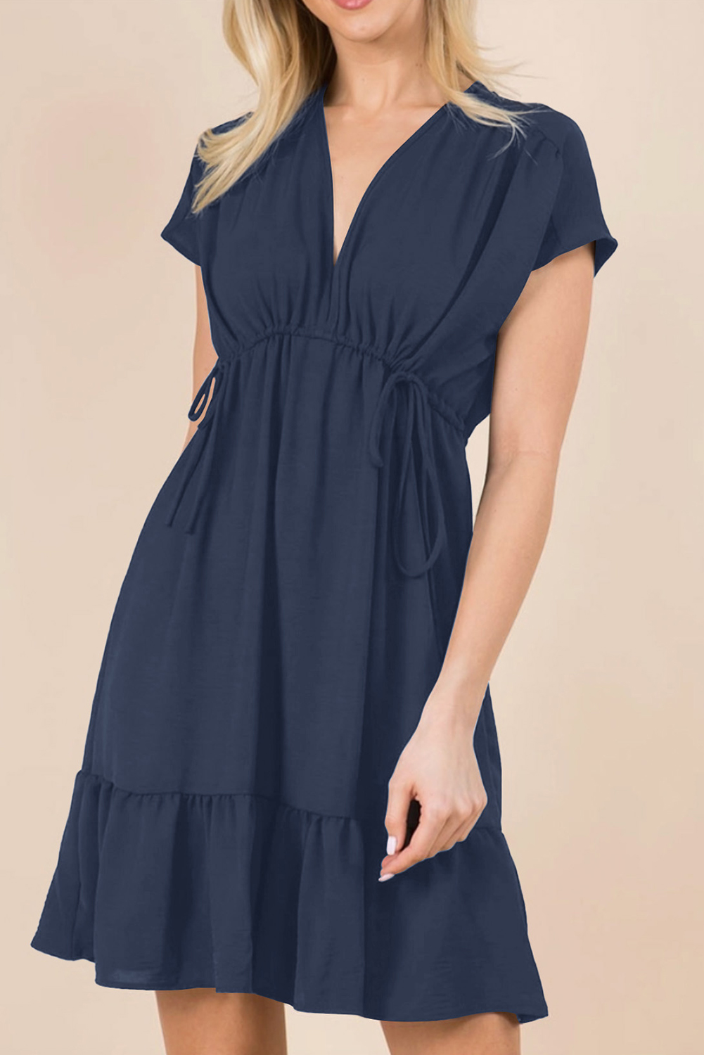 Navy Blue Double Drawstring Detail High Waist V Neck Short Sleeve Mini Dress - loveforevers