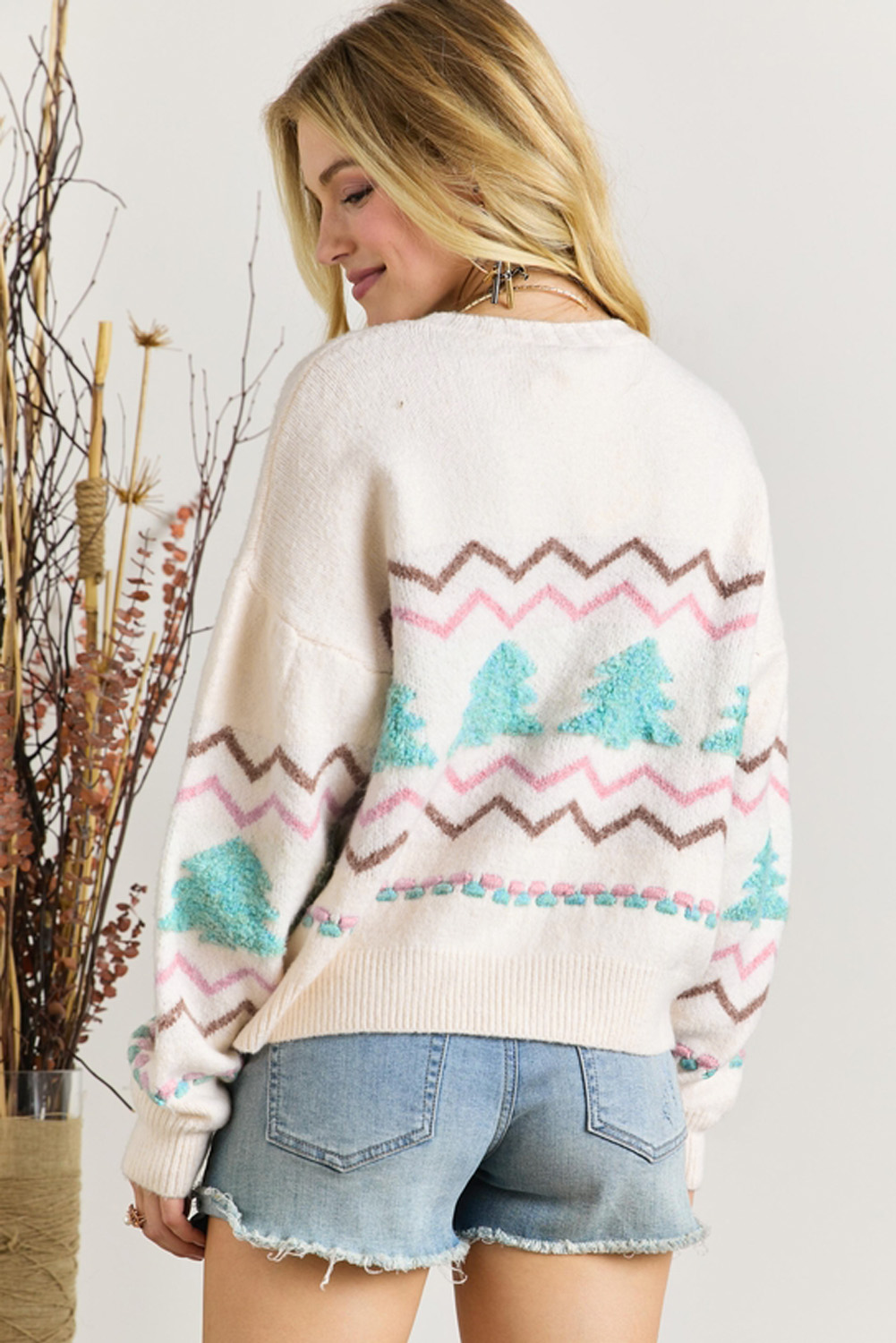 White Striped Christmas Tree Ribbed Trim Drop Shoulder Sweater - loveforevers