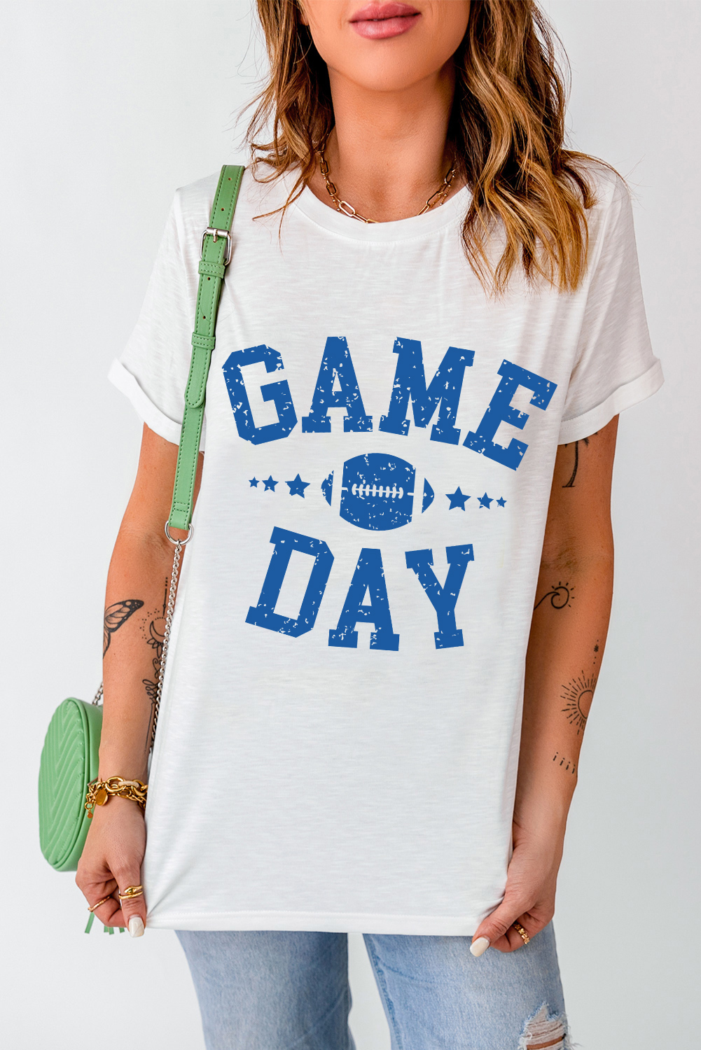 White GAME DAY Rugby Football Graphic Crewneck T Shirt - loveforevers