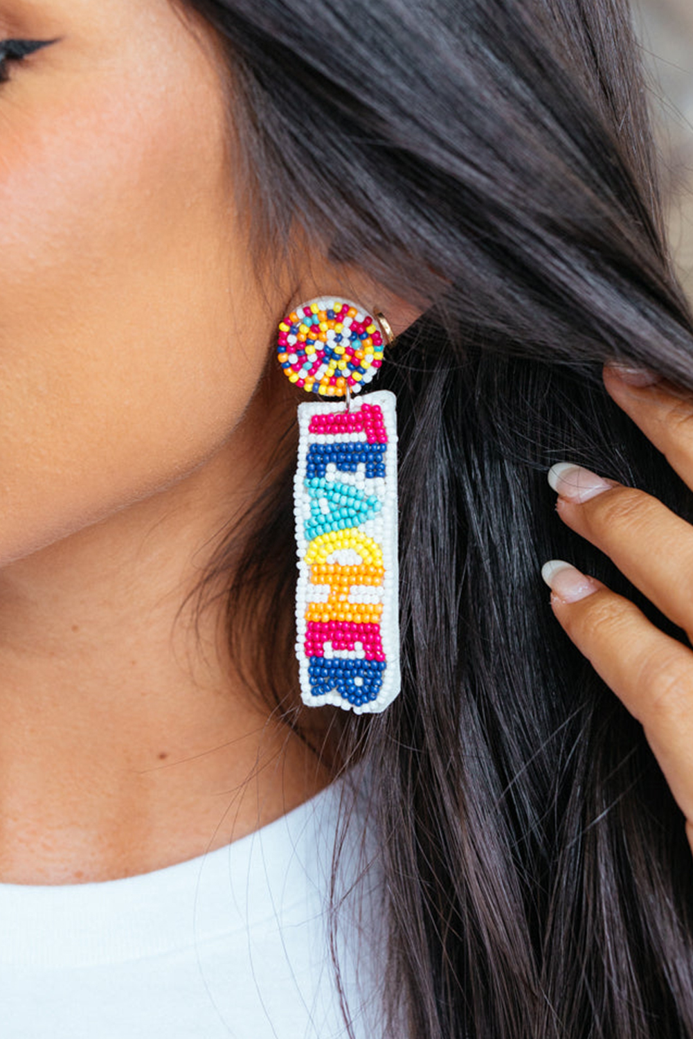 White TEACHER Rice Bead Dangle Earrings - loveforevers