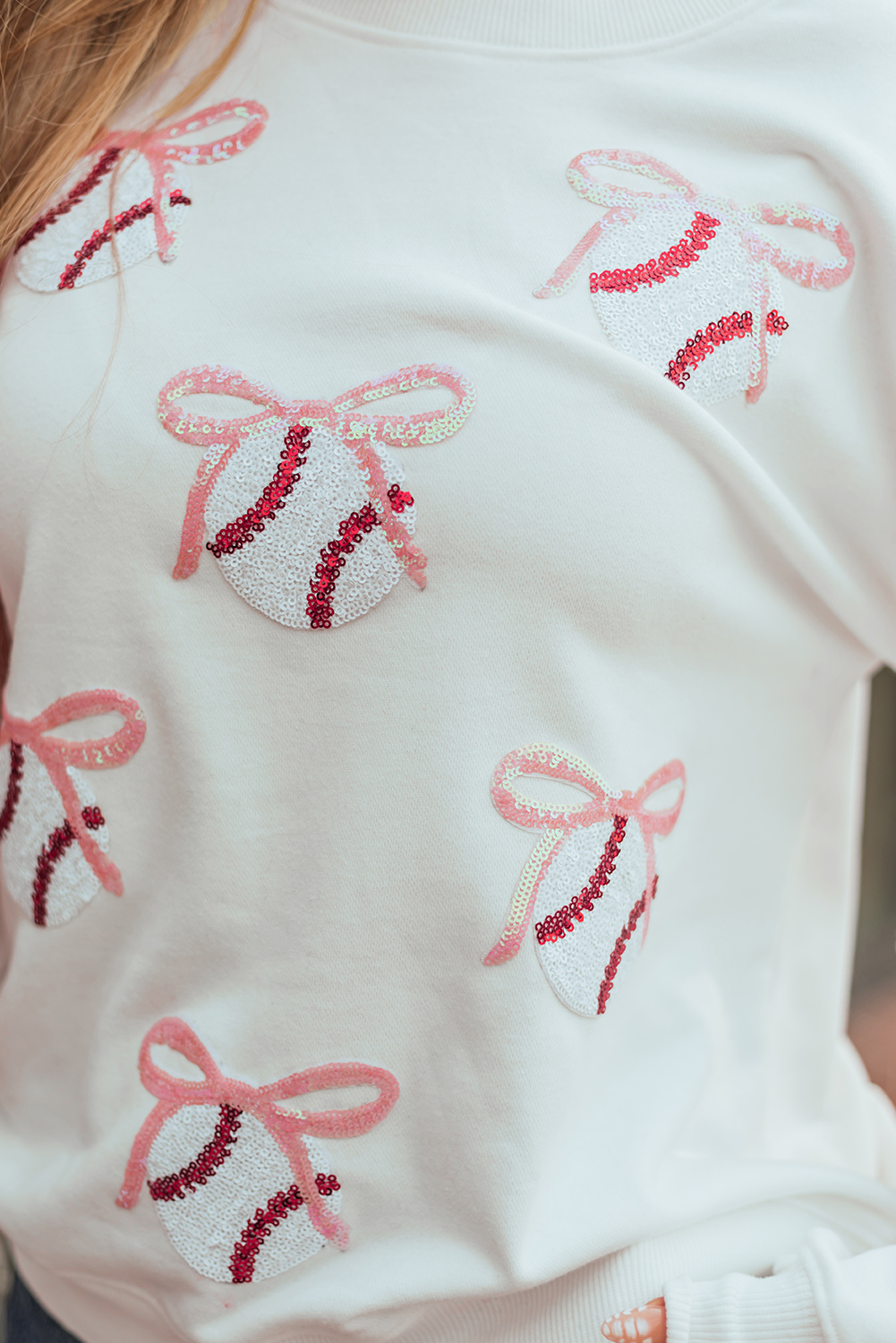 White Sequin Bow Baseball Patched Casual Sweatshirt - loveforevers