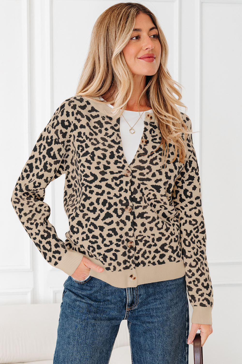 Black Leopard Drop Shoulder Chunky Knitted Cardigan Sweater - loveforevers