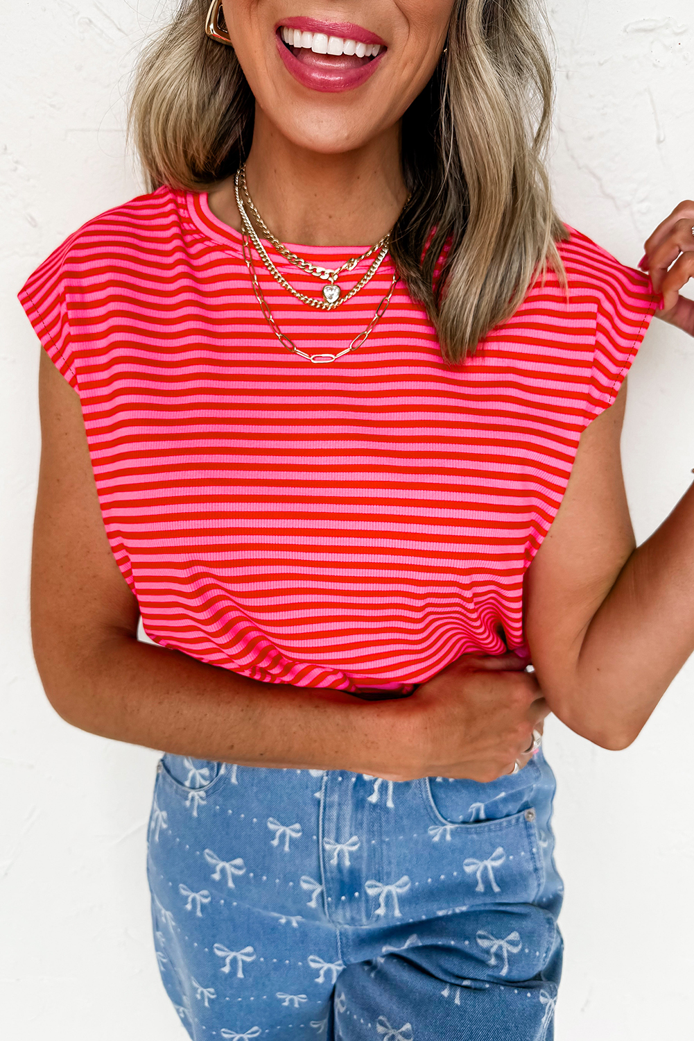 Sky Blue Stripe Ribbed Cap Sleeve Round Neck T Shirt - loveforevers