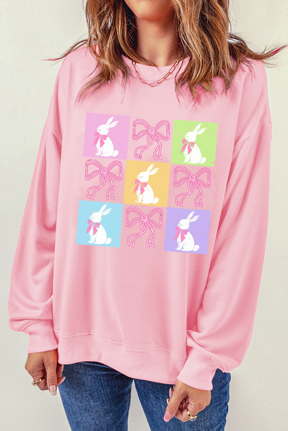 Pink Easter Bunny Bow Checkered Print Drop Shoulder Sweatshirt - loveforevers