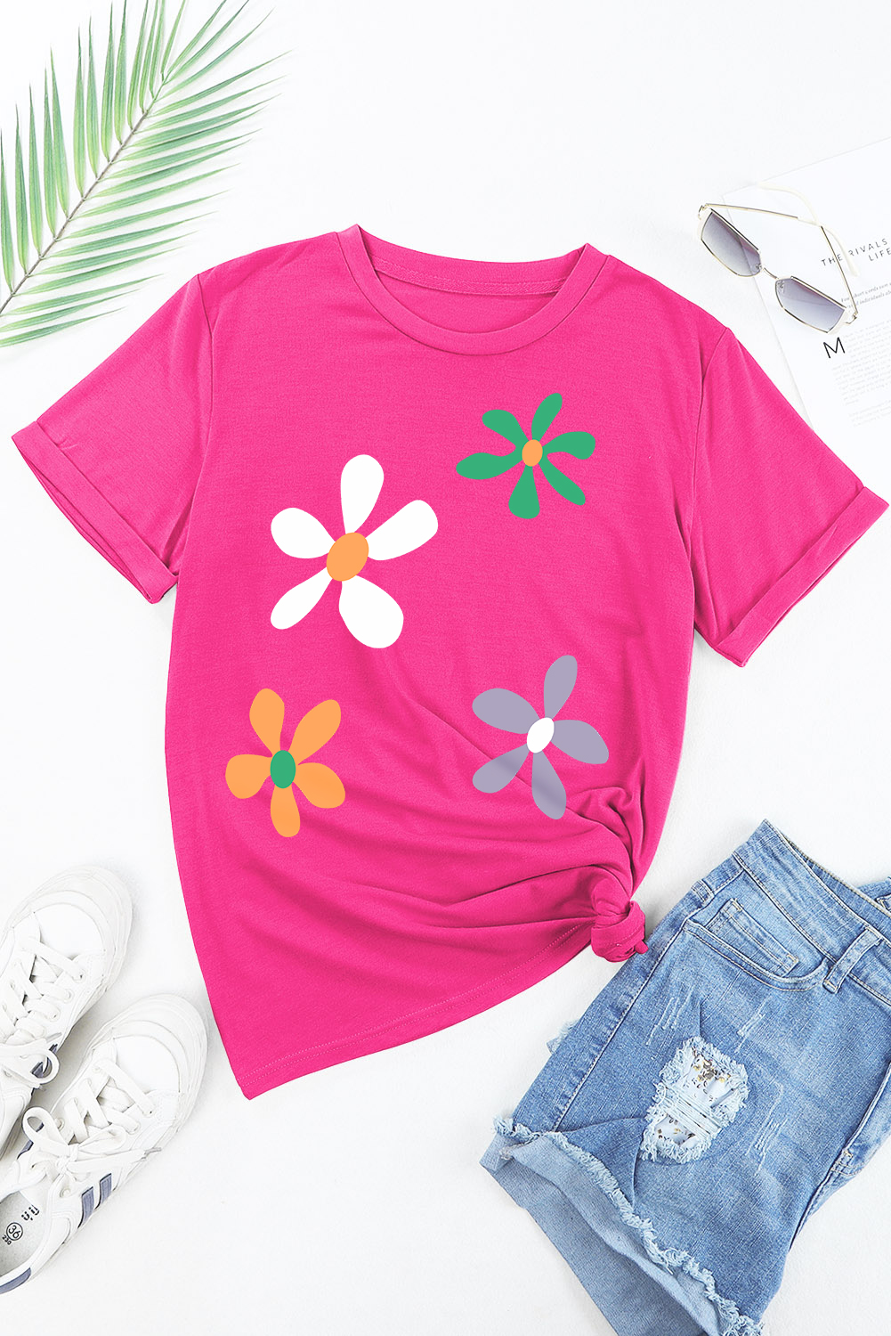 Rose Red Summer Flower Print Fashion Cotton Tee - loveforevers