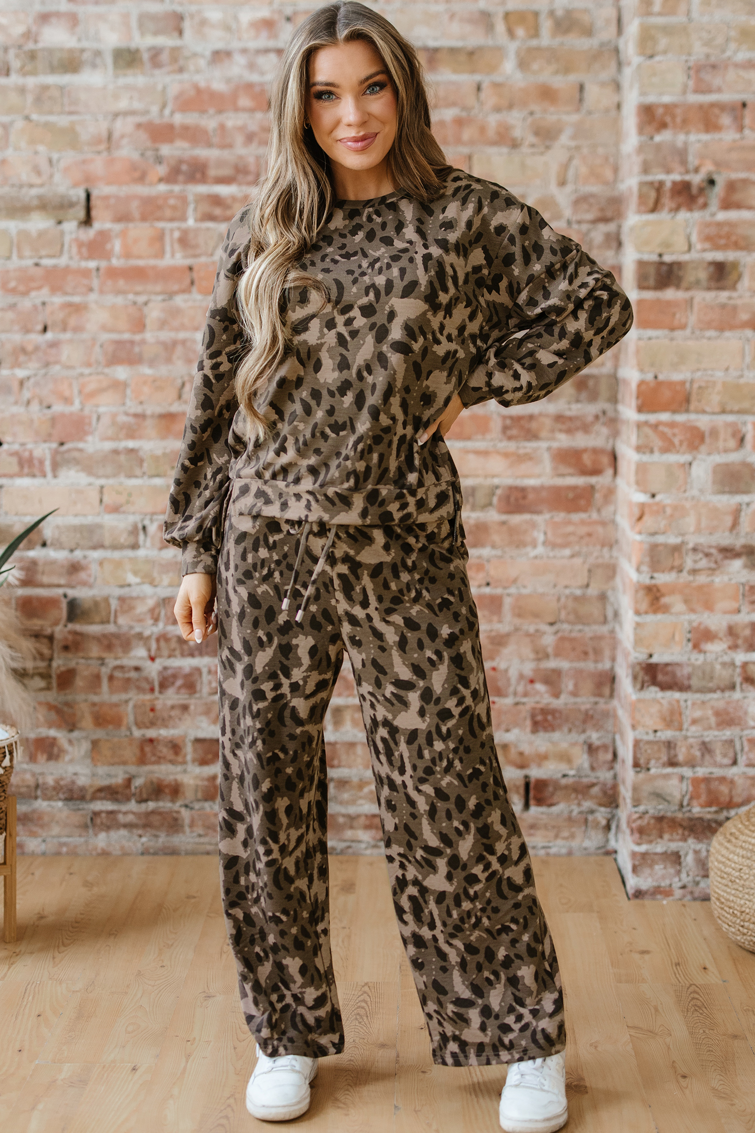 Brown Leopard Loose Tee Drawstring Waist Barrel Pants Set - loveforevers
