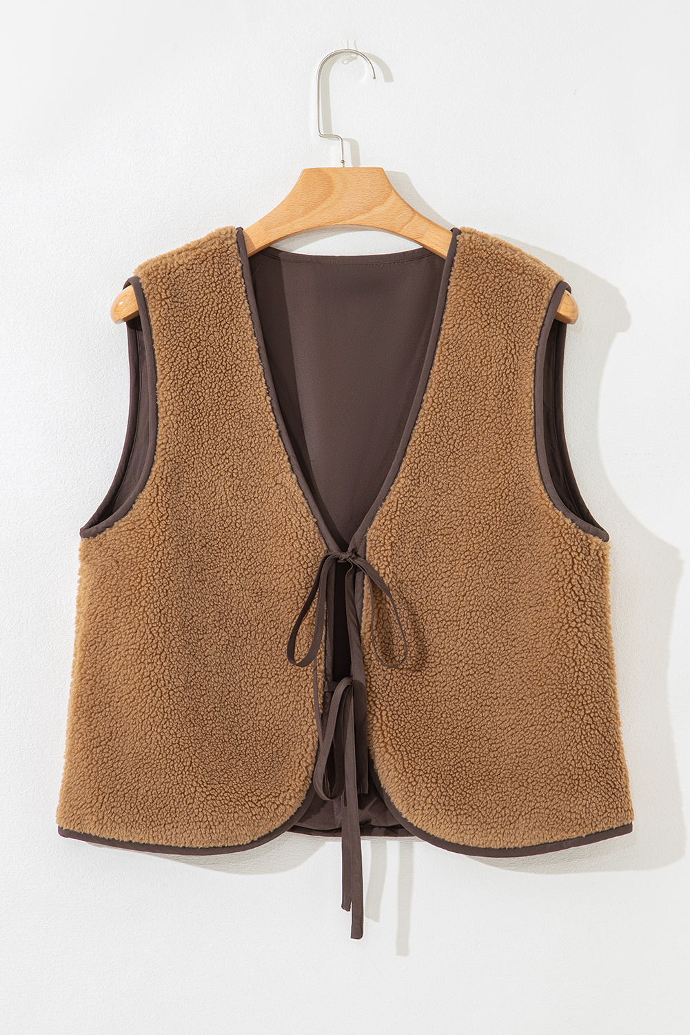 Light French Beige Contrast Trim Tie Front Sherpa Vest - loveforevers