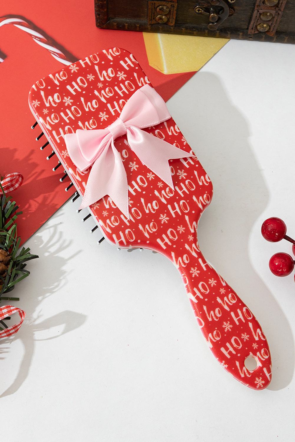 Fiery Red Christmas Letter Print Ribbon Bow Decor Scalp Massage Comb - loveforevers