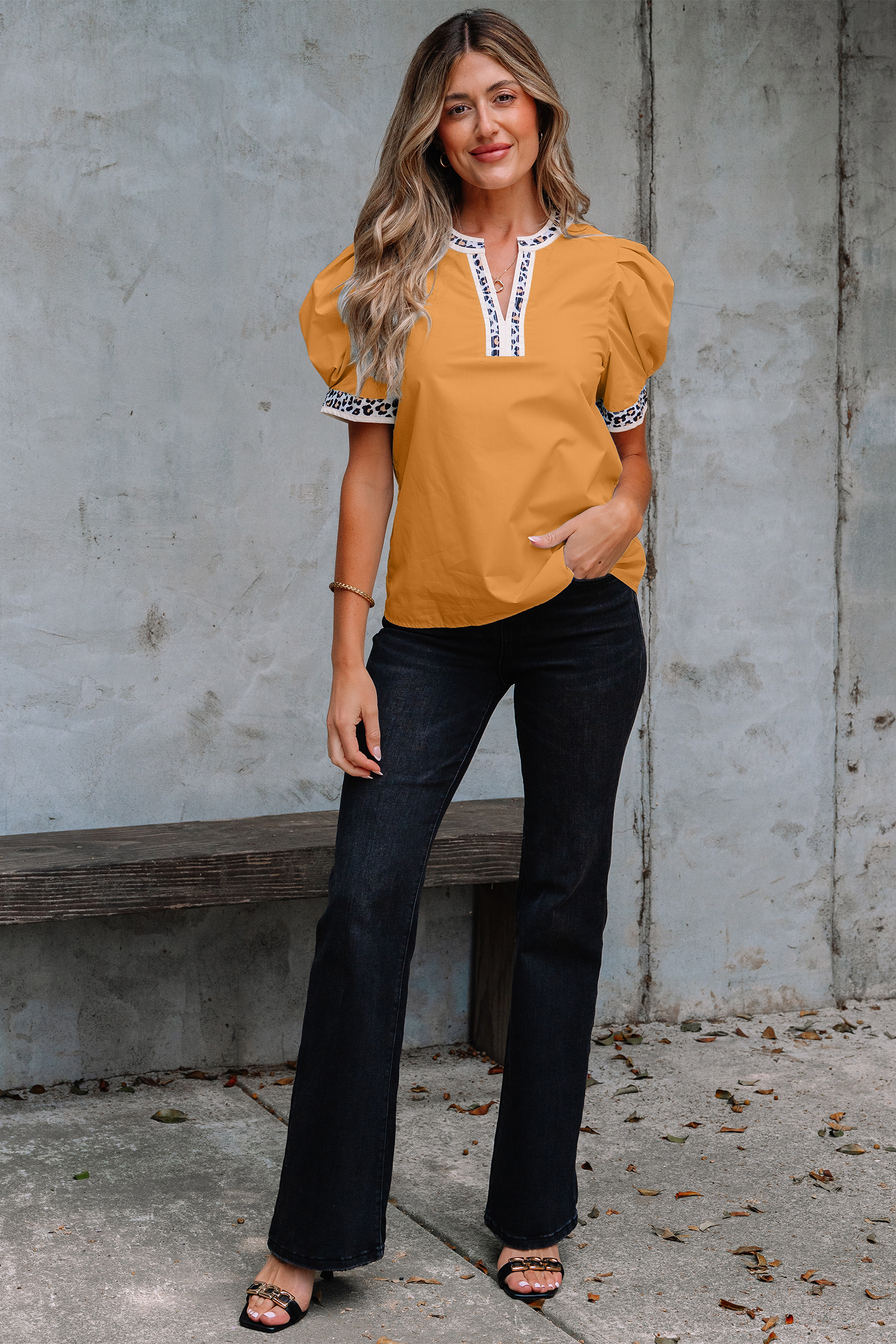 Buckskin Contrast Leopard Trim Split Neck Puff Sleeve Blouse - loveforevers