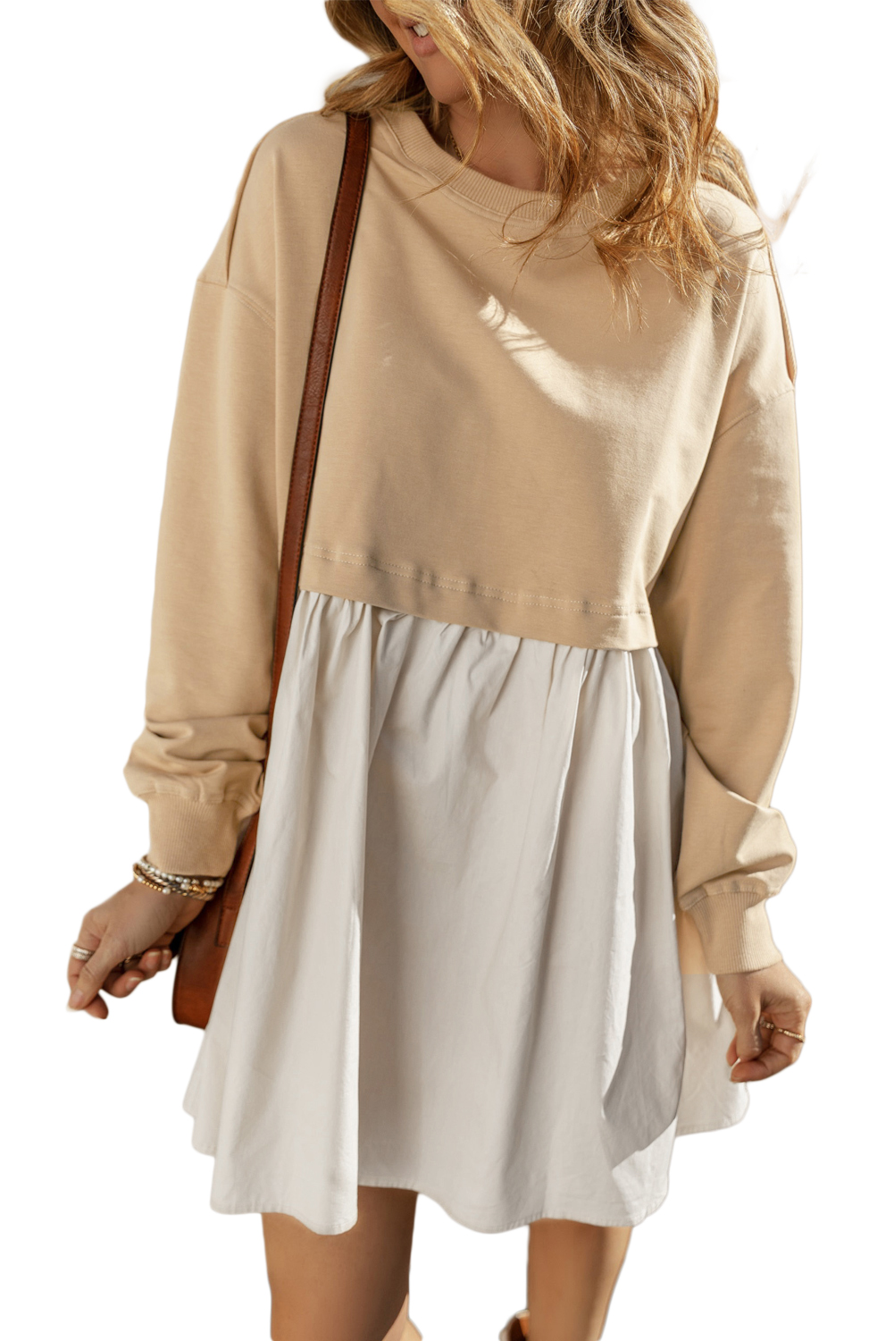 Pale Khaki Sweatshirt Poplin Mini Dress - loveforevers