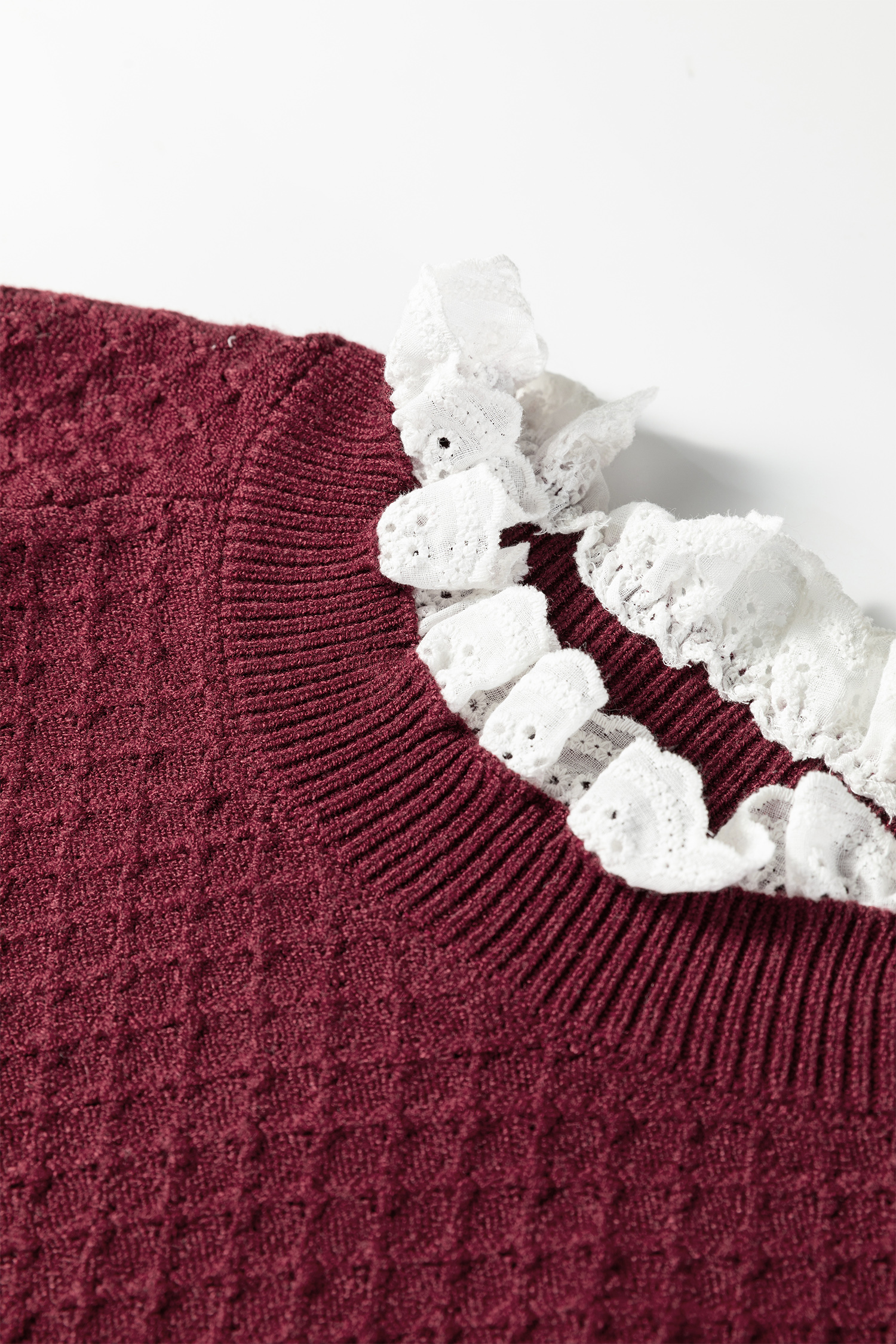 Burgundy  Contrast Lace Frilled Trim Raglan Sleeve Sweater - loveforevers