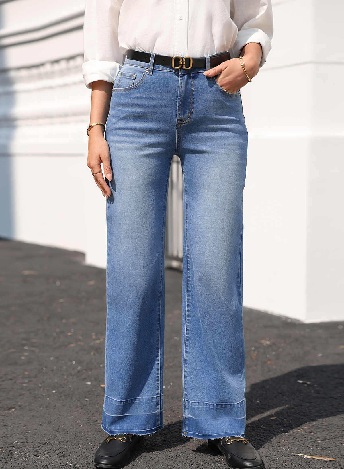 Real Teal Raw Hem Unique Cuffs Straight High Rise Loose Jeans - loveforevers