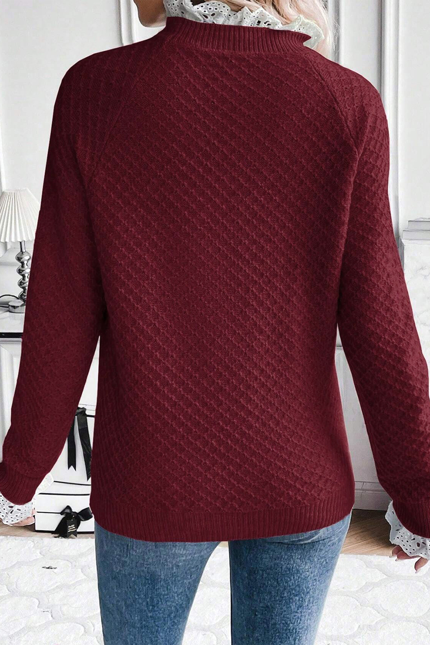 Burgundy  Contrast Lace Frilled Trim Raglan Sleeve Sweater - loveforevers
