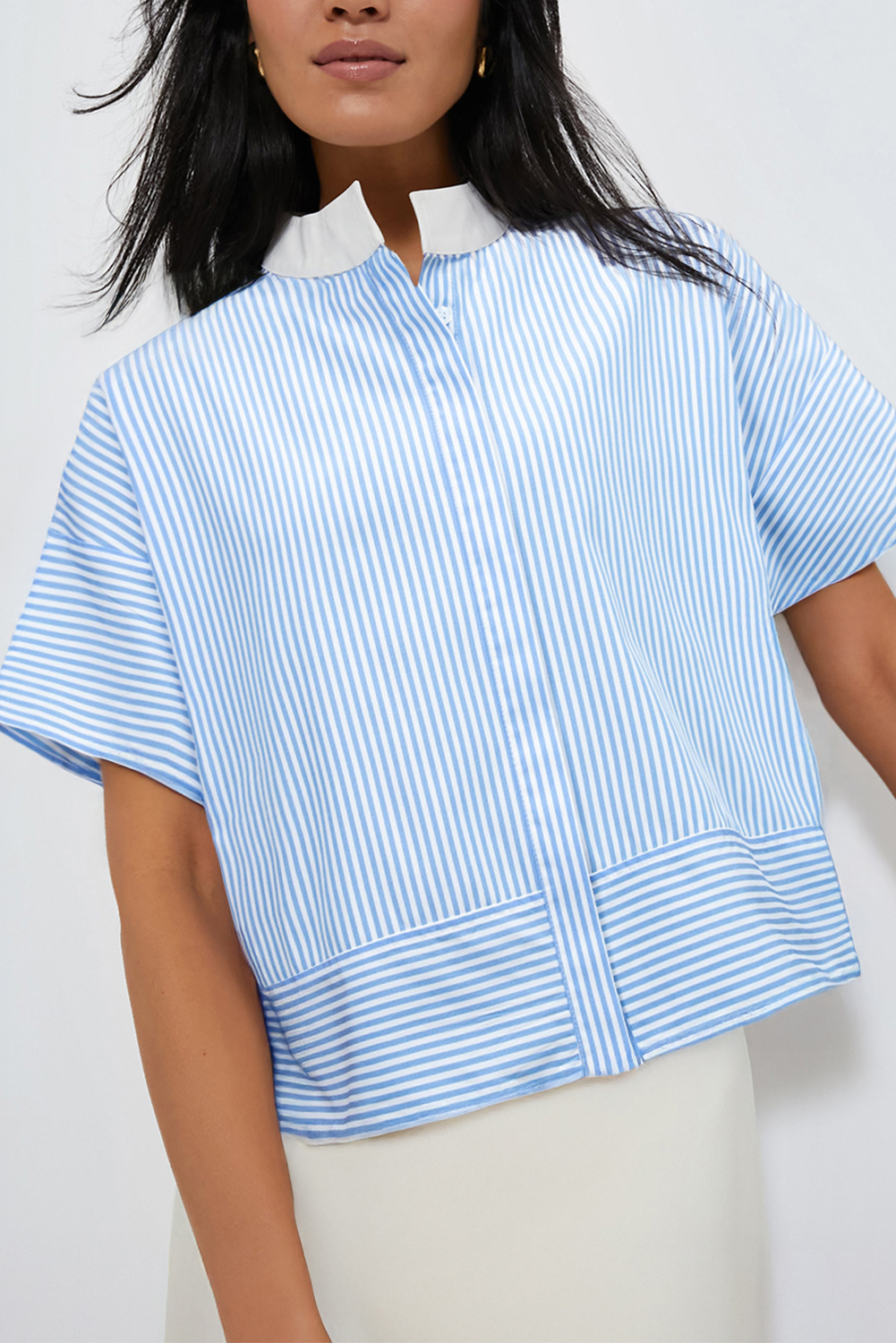 Sky Blue Stripe Contrast Collar Patchwork Hidden Button Short Sleeve Summer Shirt - loveforevers