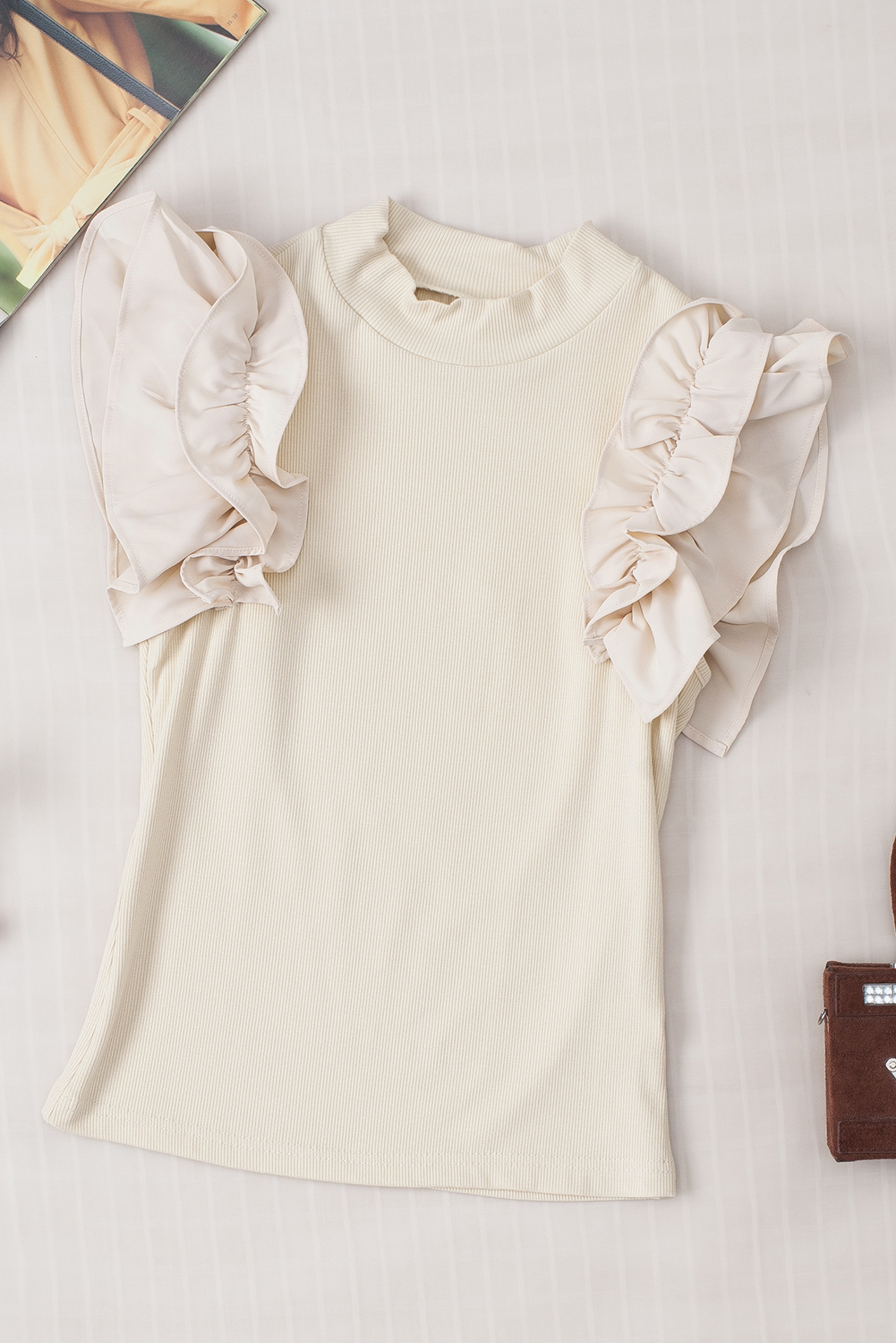 Beige Ruffle Flutter Sleeve High Neck Ribbed Blouse - loveforevers