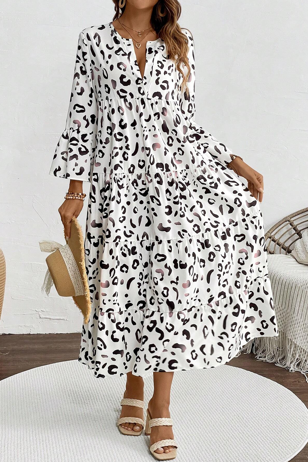 White Leopard Print Notch V Neck Loose Fit Maxi Dress - loveforevers