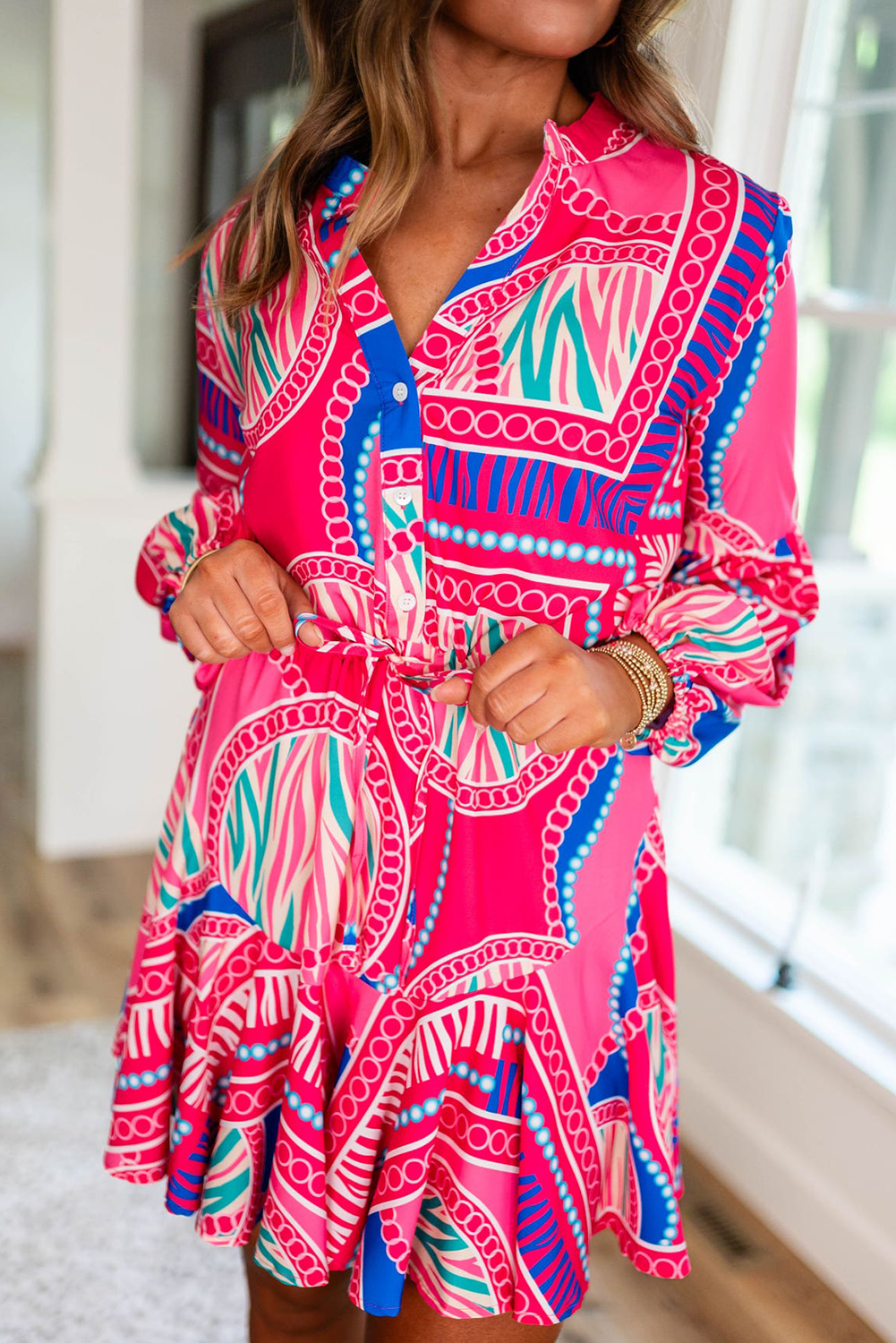 Rose Boho Abstract Printed Puff Sleeve Drawstring Waist Ruffled Mini Dress - loveforevers