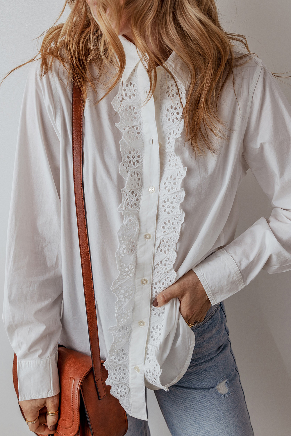 White Lace Crochet Trim Turn Down Collar Buttoned Shirt - loveforevers