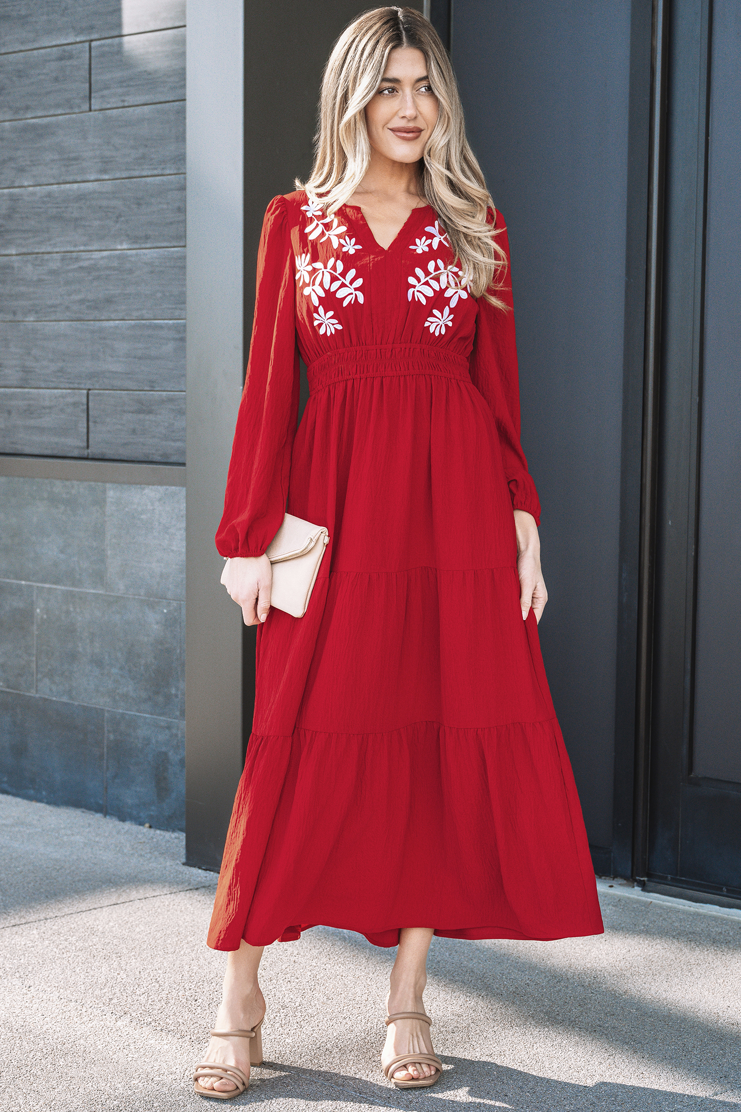Racing Red Contrast Embroidered Detail Cinched Waist Tiered Long Sleeve Maxi Dress - loveforevers