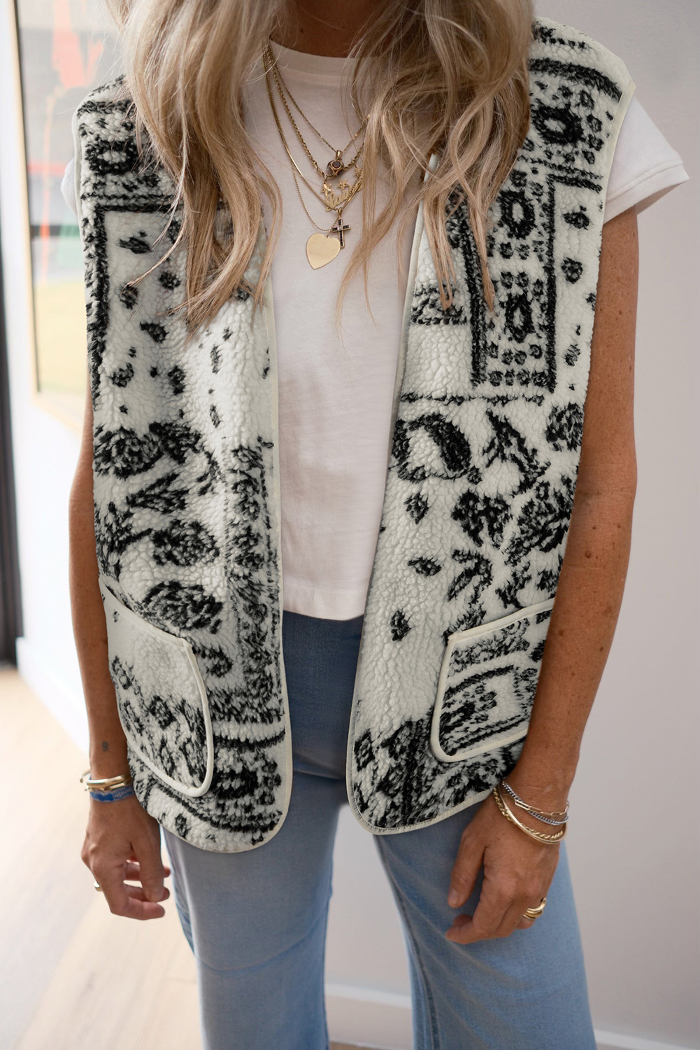 Brown Sherpa Paisley Print Pocketed Western Fashion Vest Jacket - loveforevers
