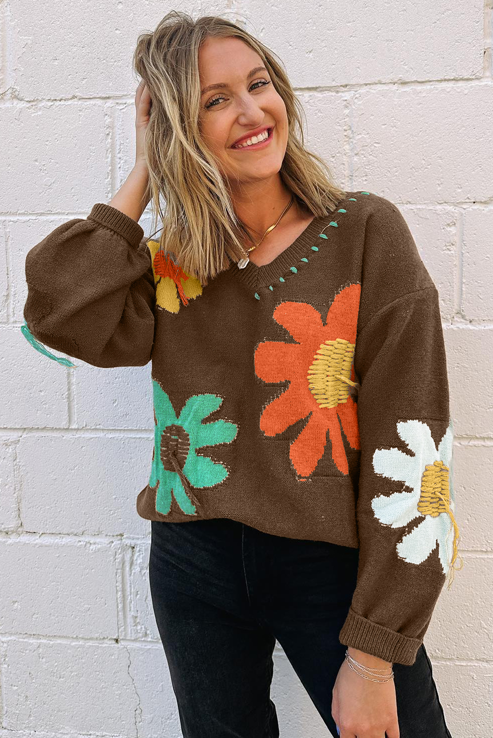 Coffee Big Flower Pattern V Neck Drop Shoulder Sweater - loveforevers