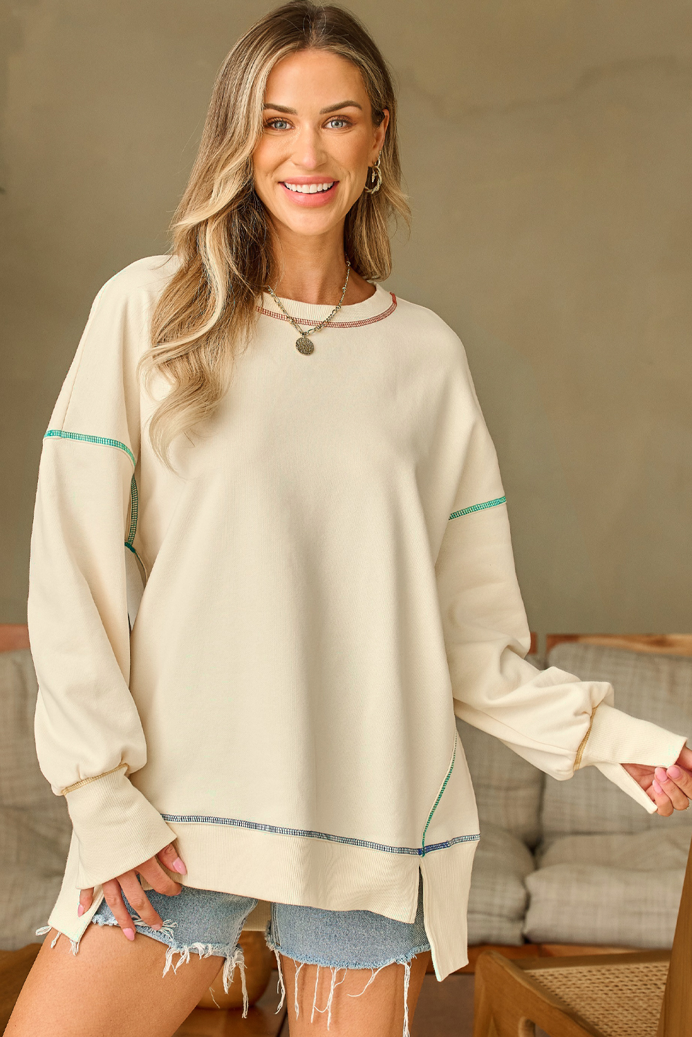Contrast Stitching Split Baggy Sweatshirt - loveforevers