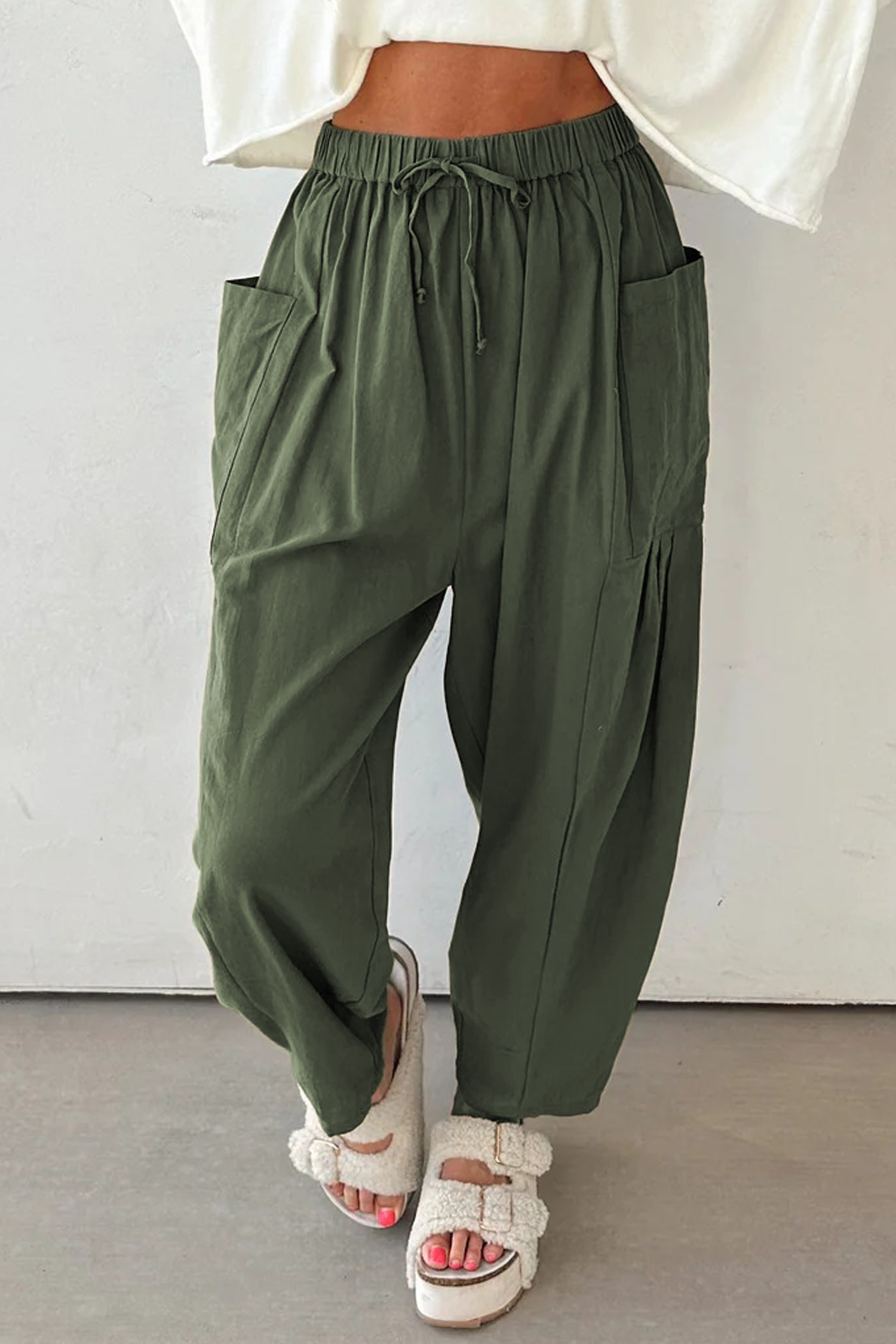Black Drawstring Elastic Waist Patch Pocket Barrel Leg Casual Pants - loveforevers