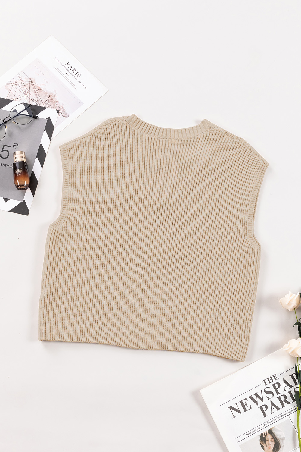Apricot Chest Pocket V Neck Ribbed Cap Sleeve Sweater - loveforevers
