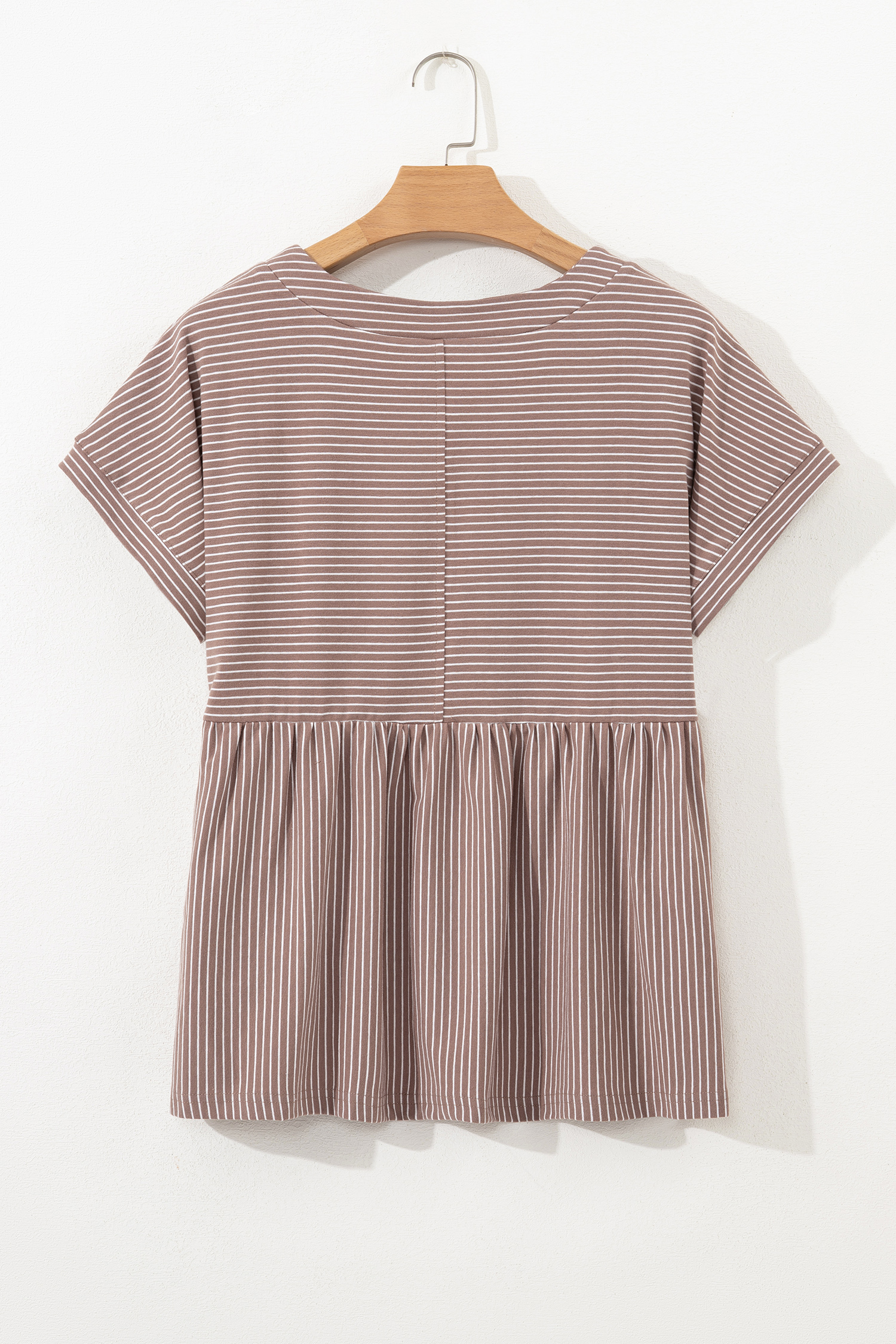 Khaki Stripe Buttoned V Neck High Low Side Slit T Shirt - loveforevers