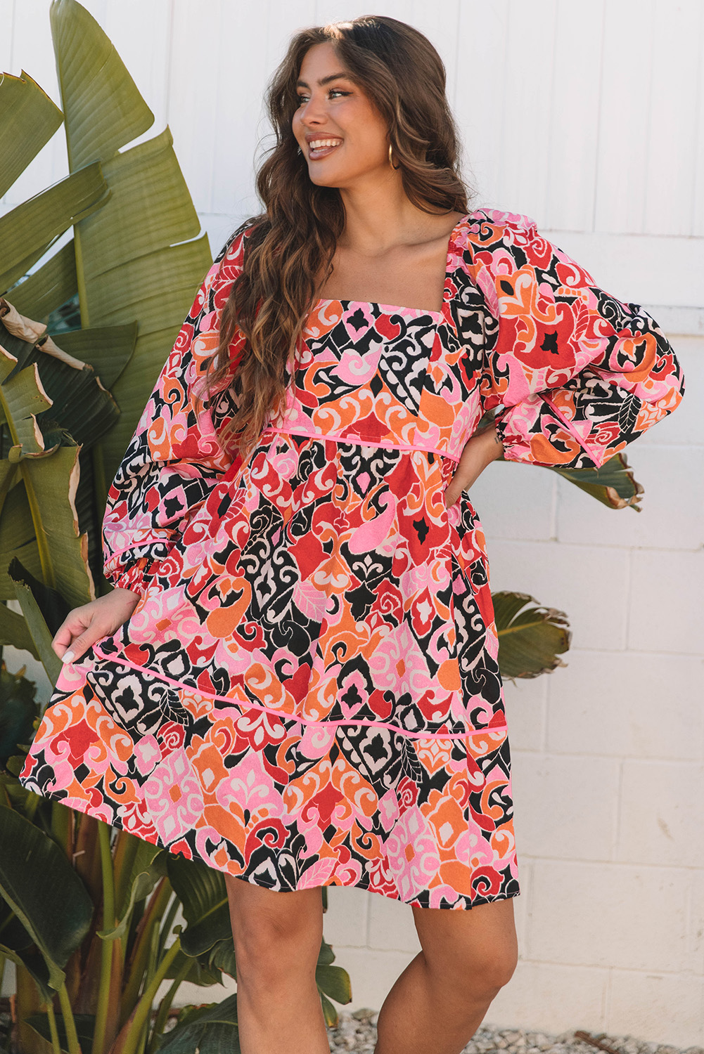 Pink Bohemian Square Neck Puff Sleeve Mini Dress - loveforevers