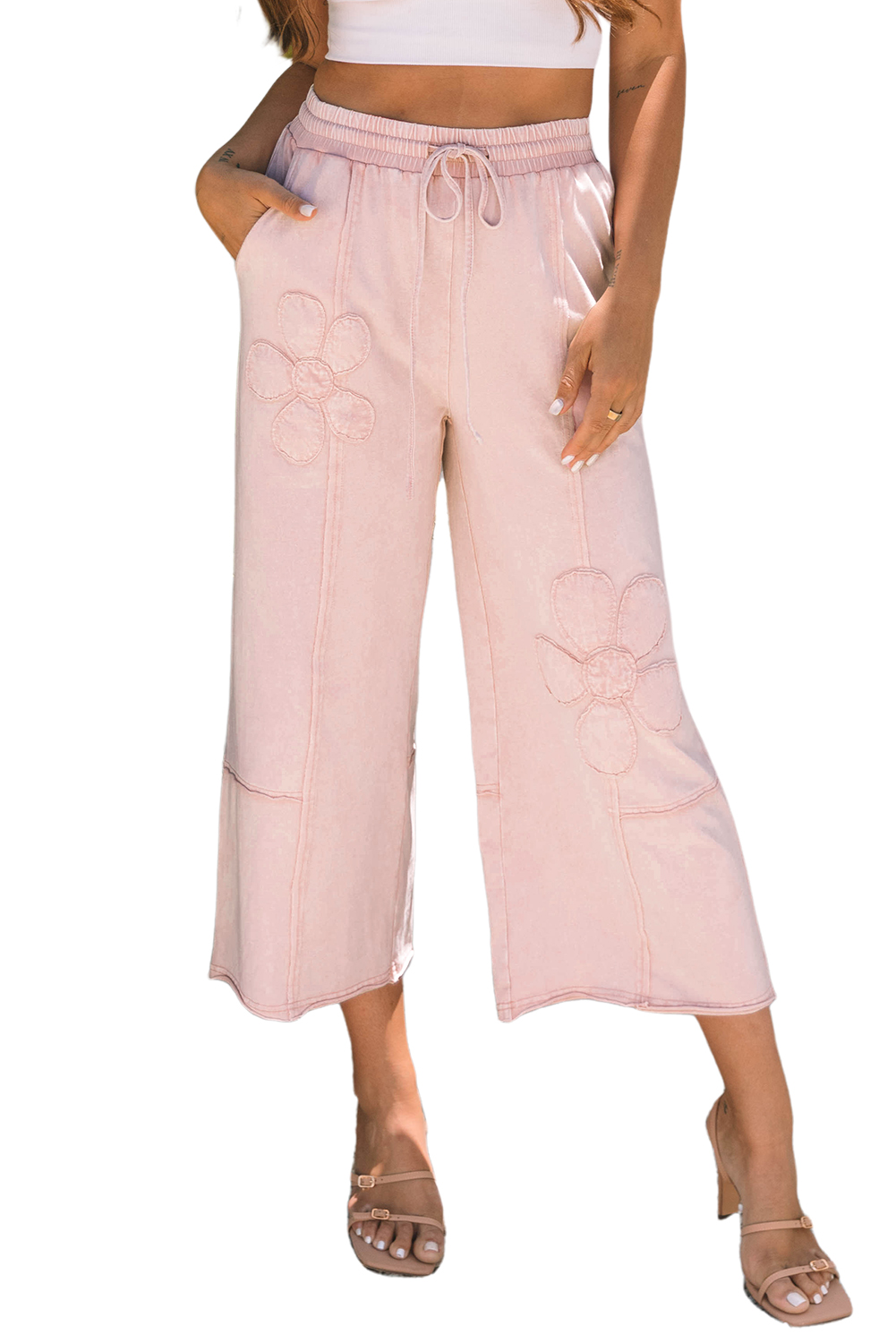 Pink Flower Patch Mineral Washed Terry Knit Cropped Wide Leg Pants - loveforevers