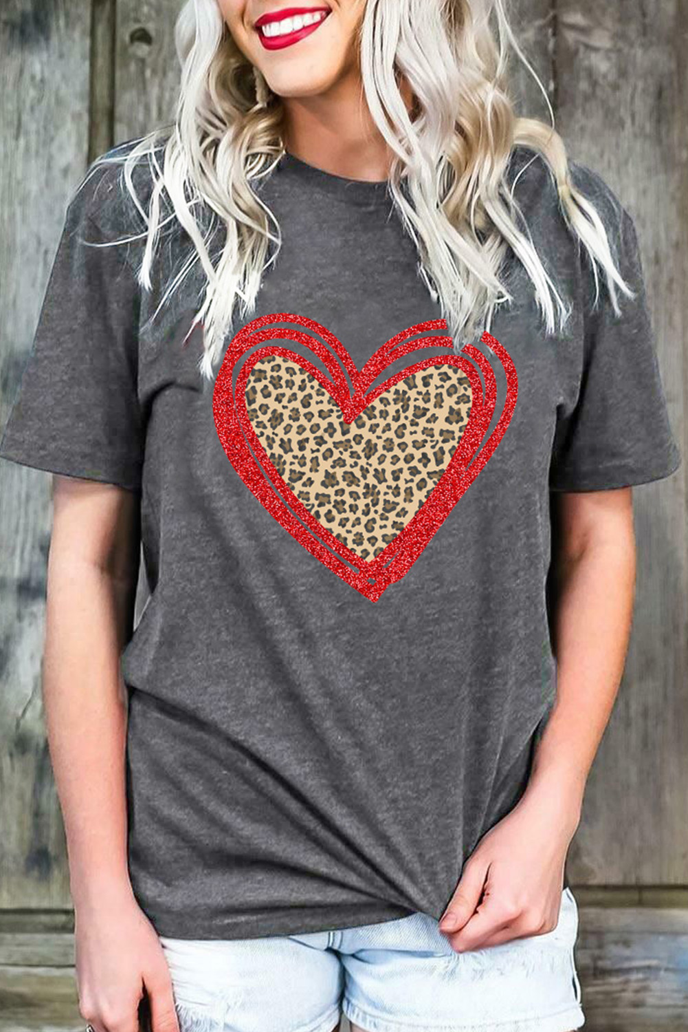Gray Sequin Leopard Heart Graphic T-shirt - loveforevers