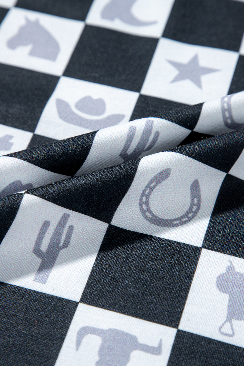 Black Western Fashion Checkerboard Print Side Split T Shirt - loveforevers
