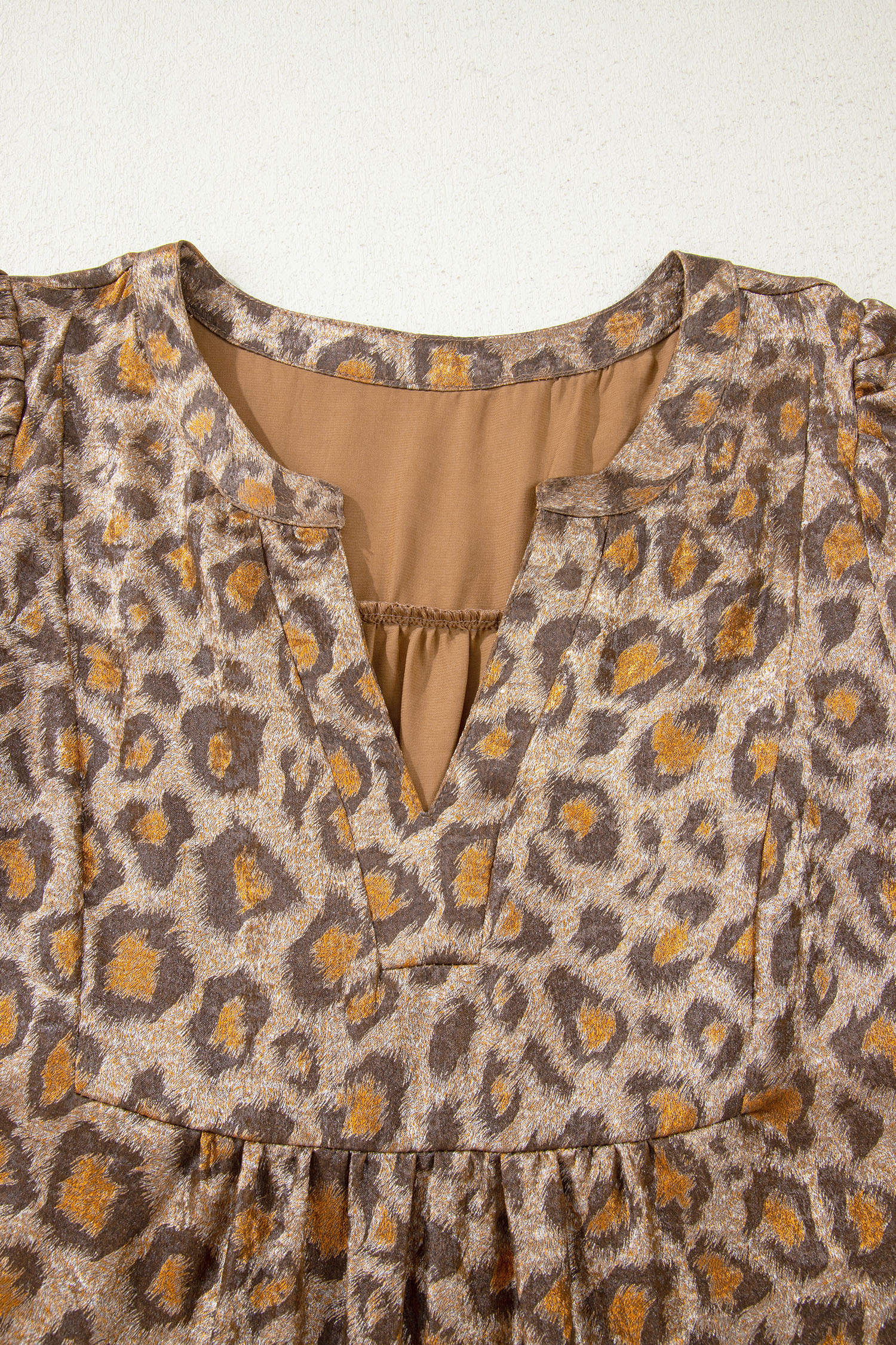 Khaki Leopard Print V Neck Ruffled Sleeve Tiered Loose Mini Dress - loveforevers