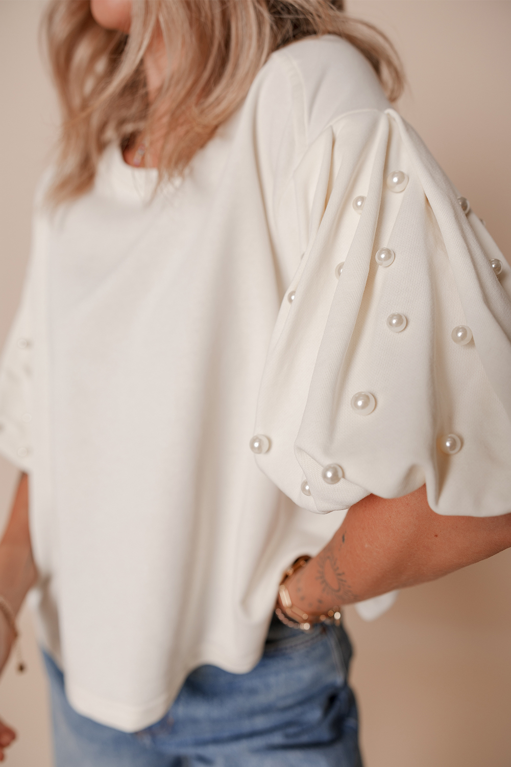 White Pearled Puff Sleeve Round Neck Loose Top - loveforevers
