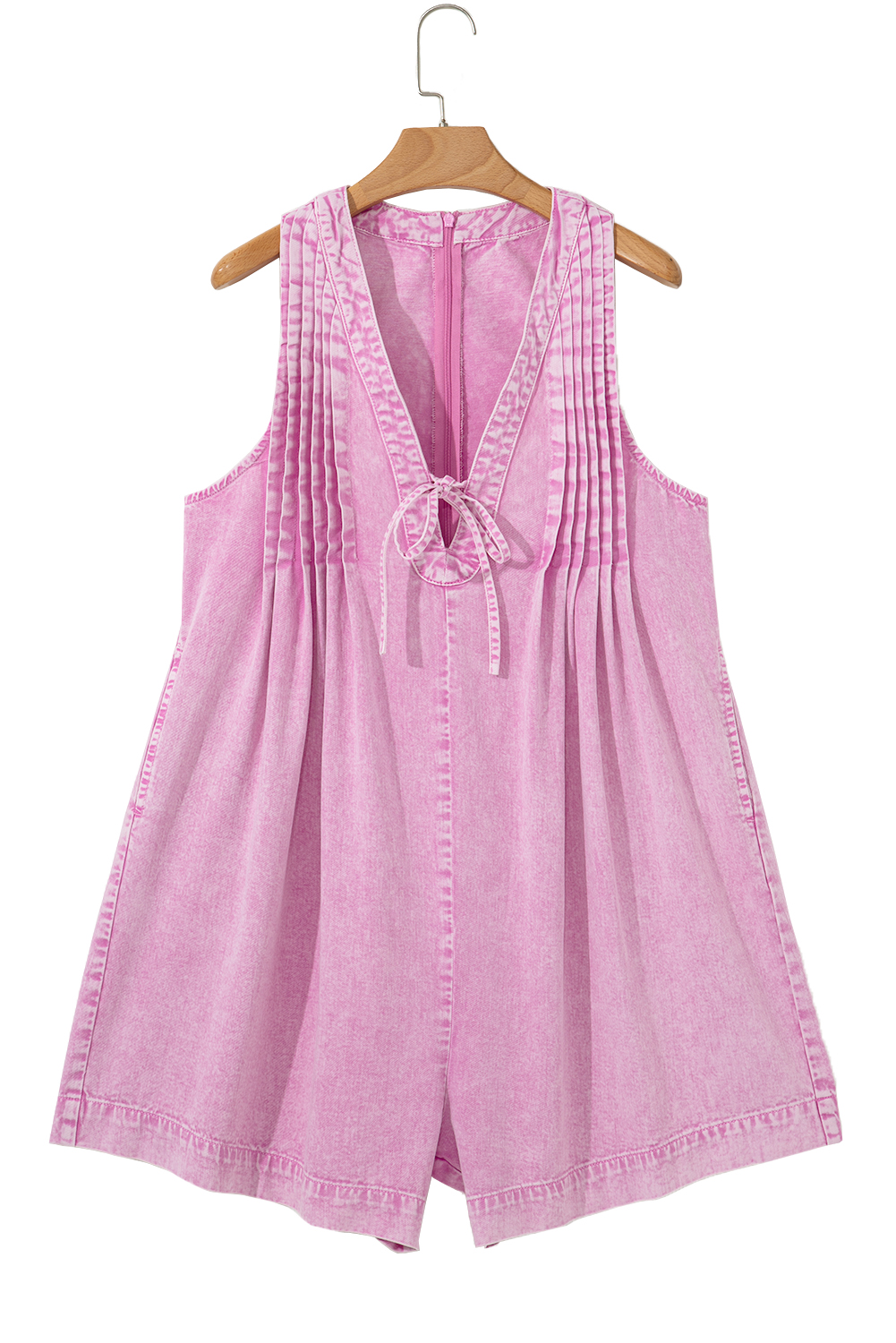 Bonbon Mineral Wash Pleated Bust V Neck Sleeveless Denim Romper - loveforevers