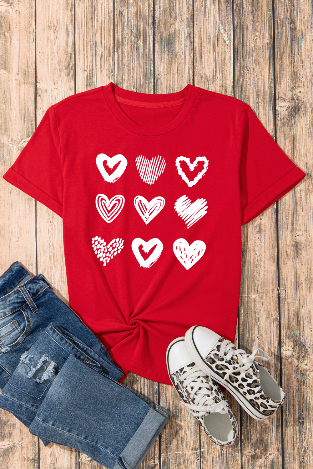 Red Diverse Heart Printed Crewneck Valentines Tee - loveforevers