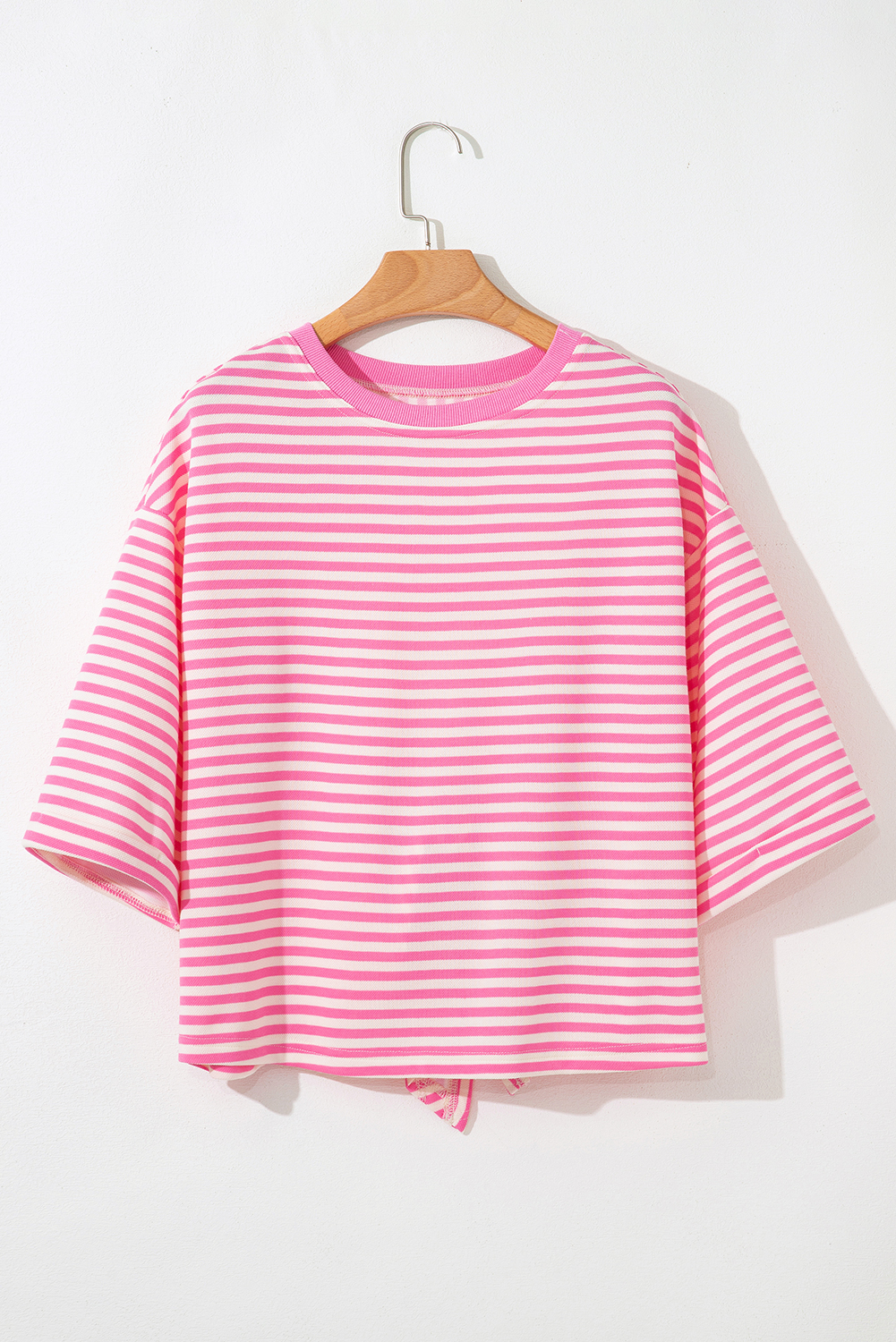 Red Stripe Bowknot Cutout Back Drop Shoulder Wide Bracelet Sleeve Loose Tee - loveforevers