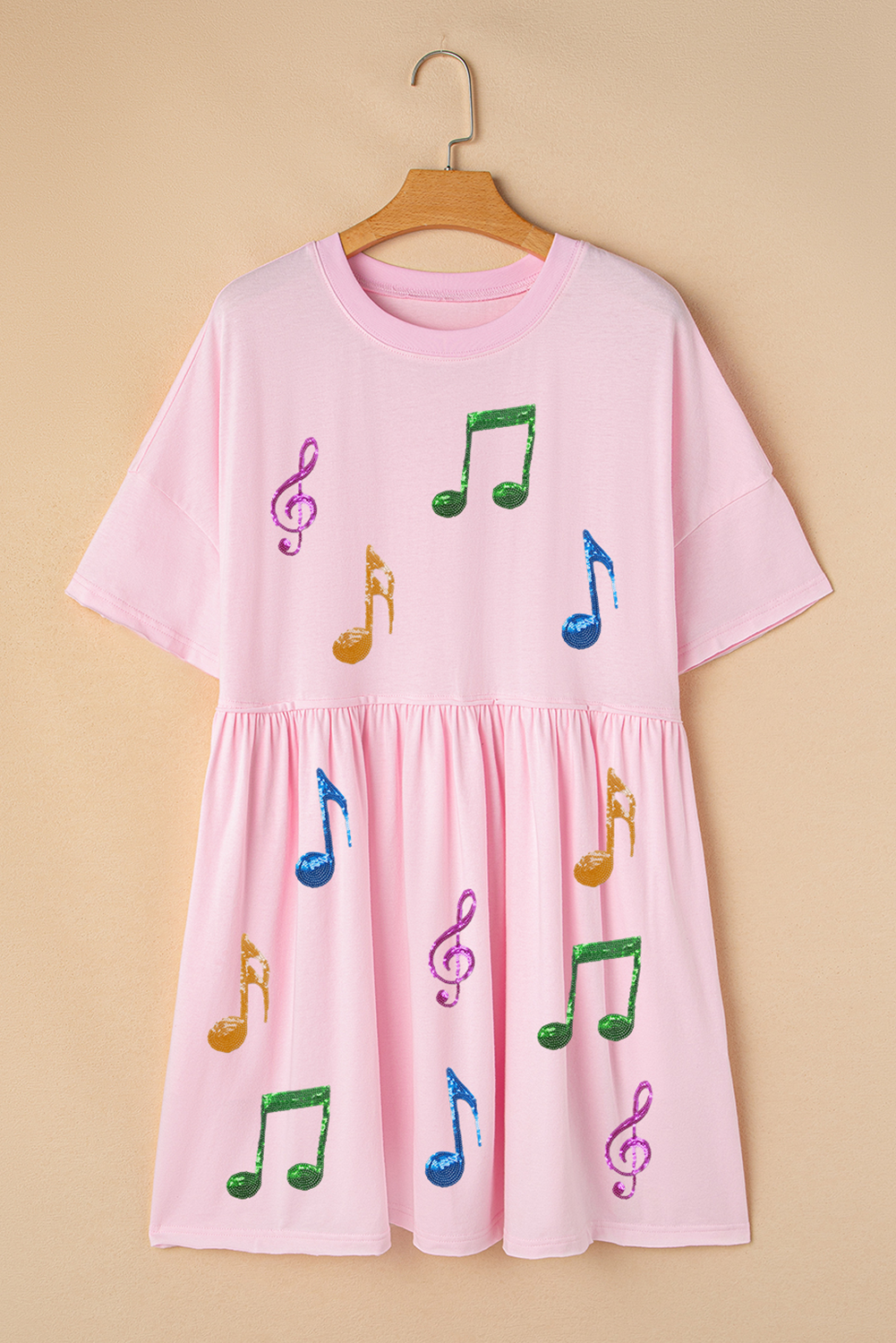 Light Pink Sequined Note Pattern Raw Edge Music Festival Babydoll T-shirt Dress - loveforevers