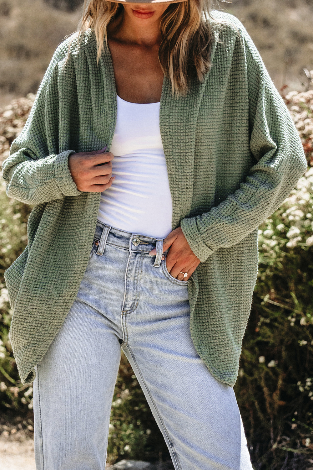 Laurel Green Waffle Knit Open Front Cardigan - loveforevers