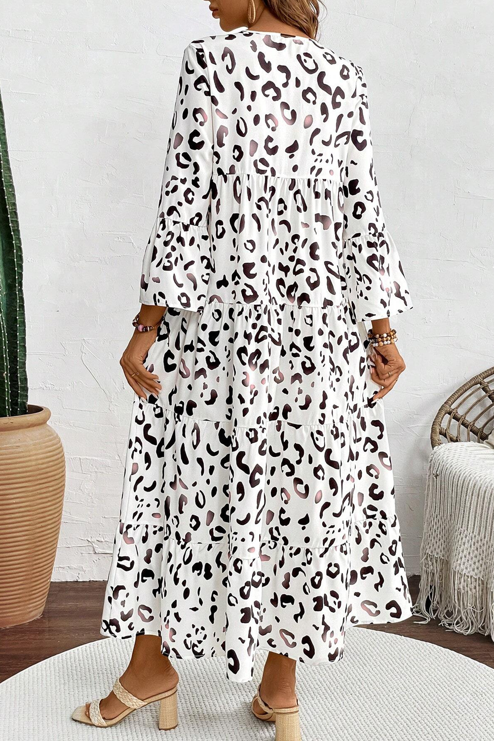 White Leopard Print Notch V Neck Loose Fit Maxi Dress - loveforevers